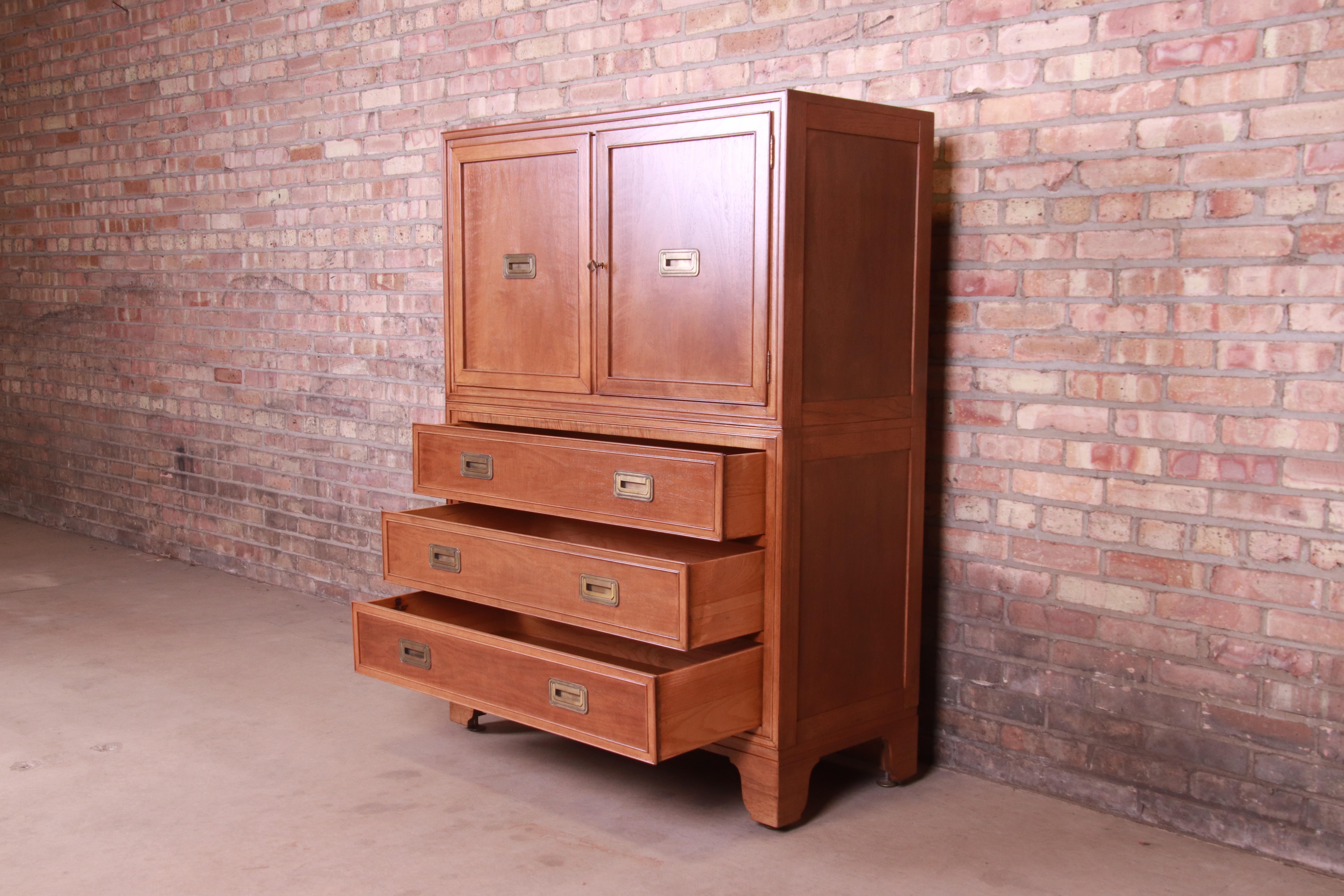 Baker Furniture Hollywood Regency Campaign Walnut Gentleman's Chest, Refinished In Good Condition In South Bend, IN