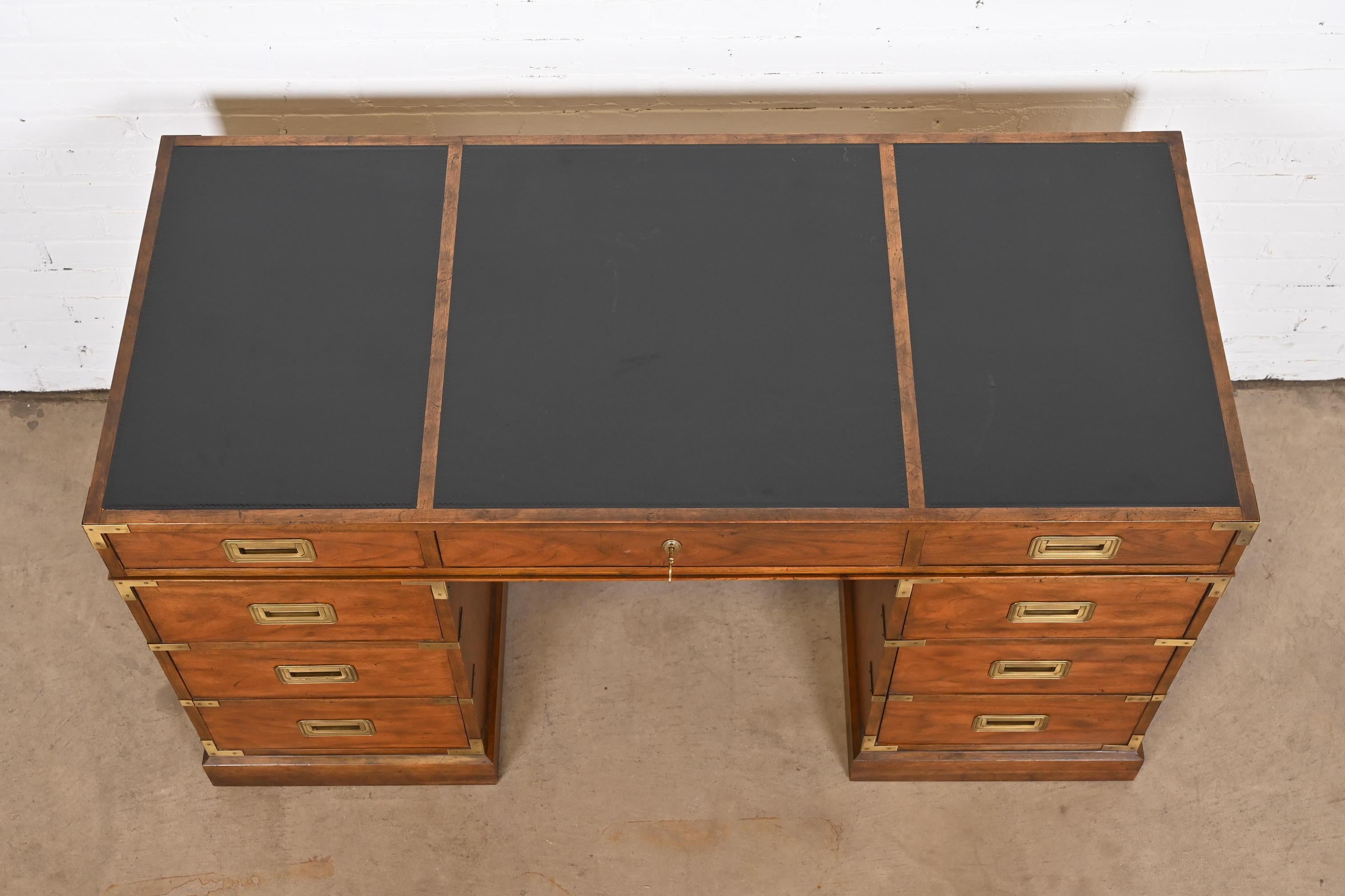 Baker Furniture Hollywood Regency Campaign Walnut Leather Top Desk, 1960s 4