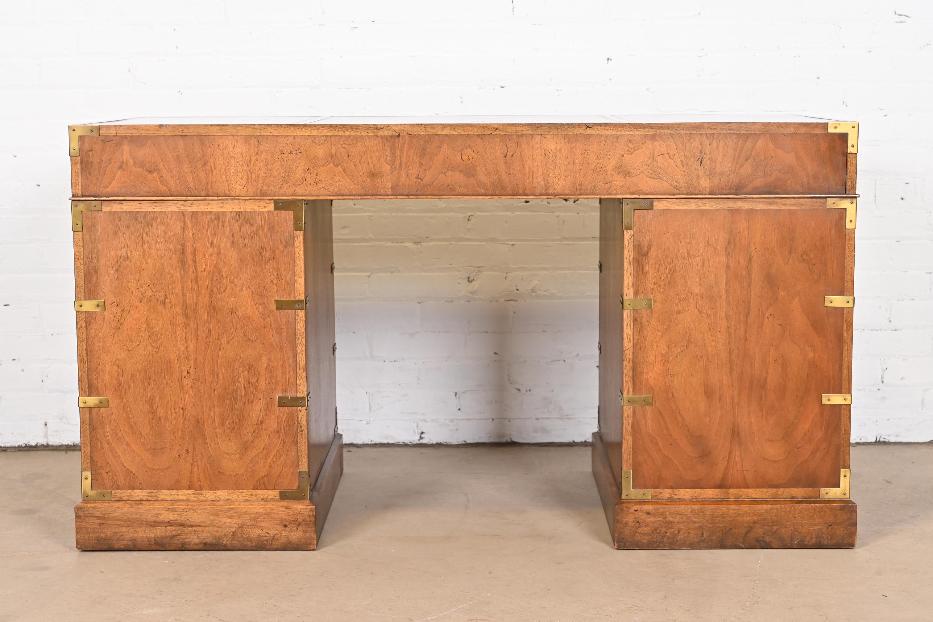 Baker Furniture Hollywood Regency Campaign Walnut Leather Top Desk, 1960s 6