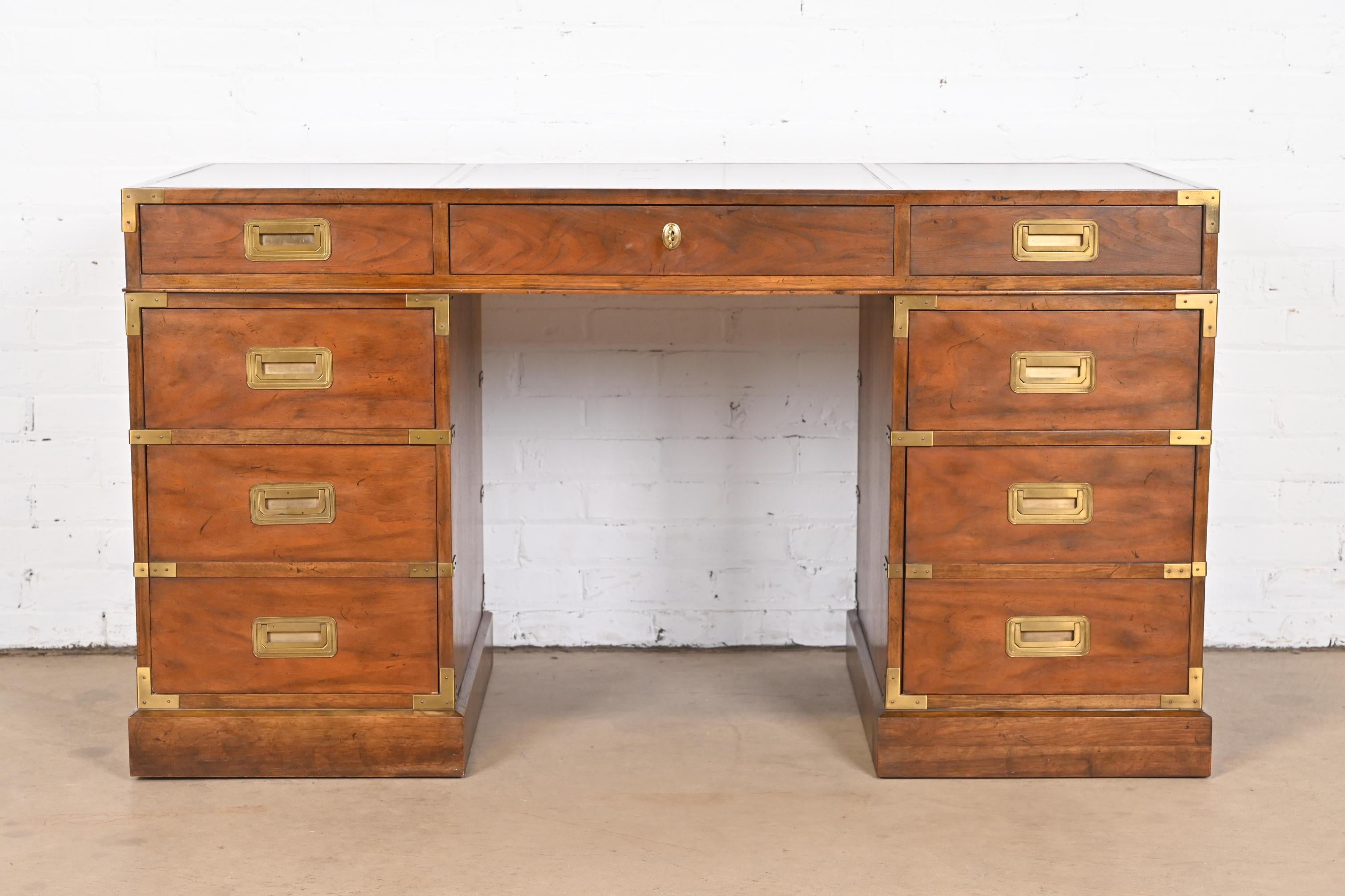 Mid-Century Modern Baker Furniture Hollywood Regency Campaign Walnut Leather Top Desk, 1960s