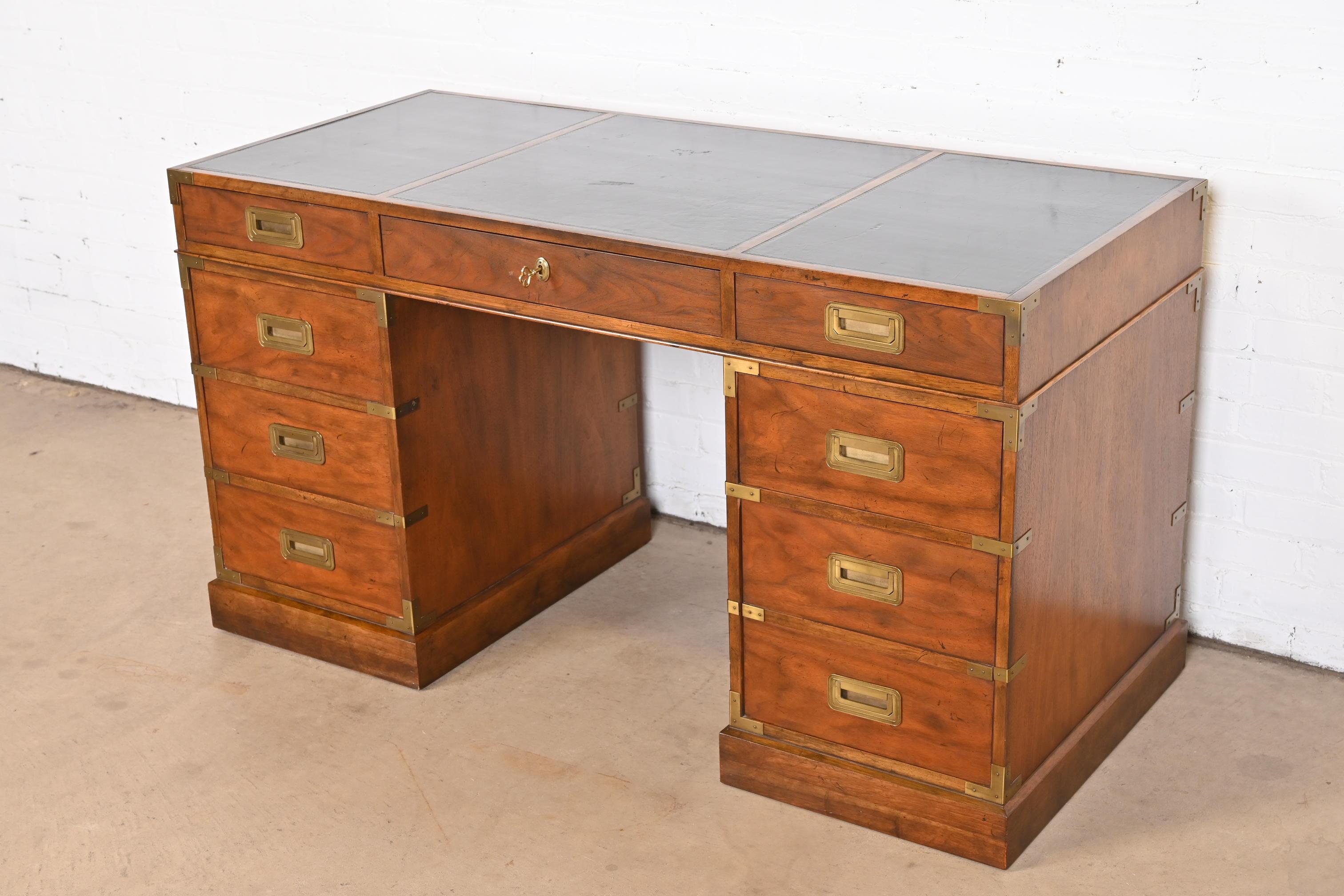 American Baker Furniture Hollywood Regency Campaign Walnut Leather Top Desk, 1960s