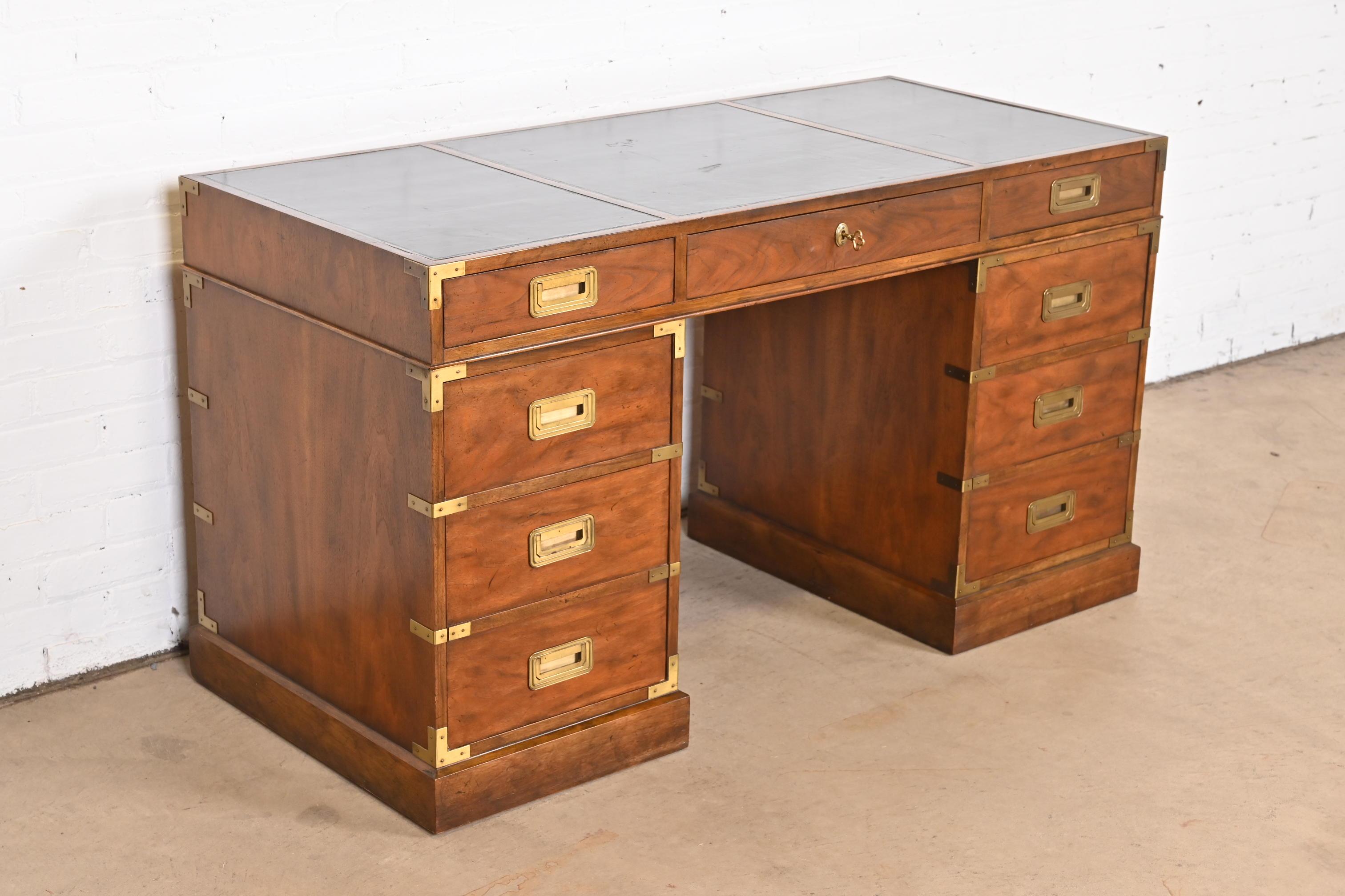 Mid-20th Century Baker Furniture Hollywood Regency Campaign Walnut Leather Top Desk, 1960s