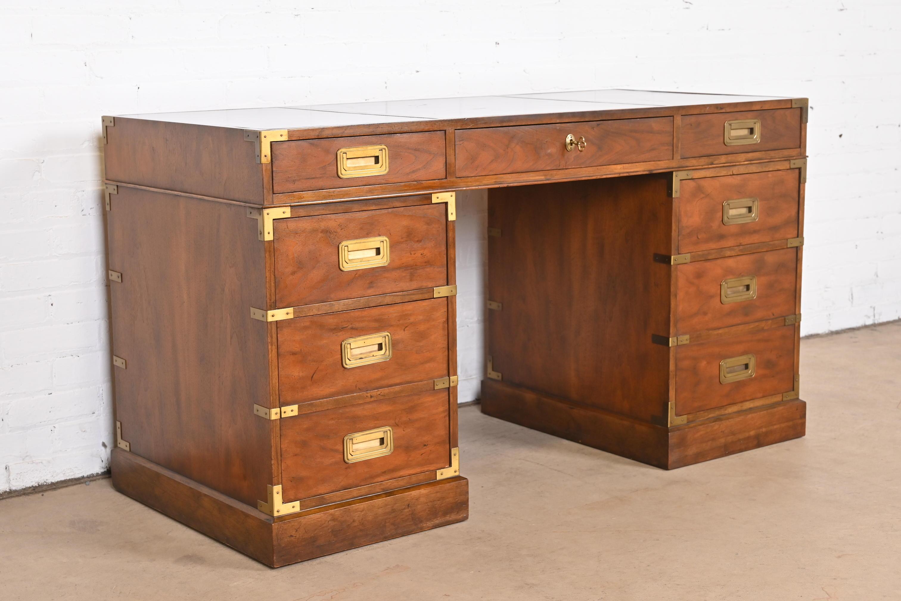 Brass Baker Furniture Hollywood Regency Campaign Walnut Leather Top Desk, 1960s