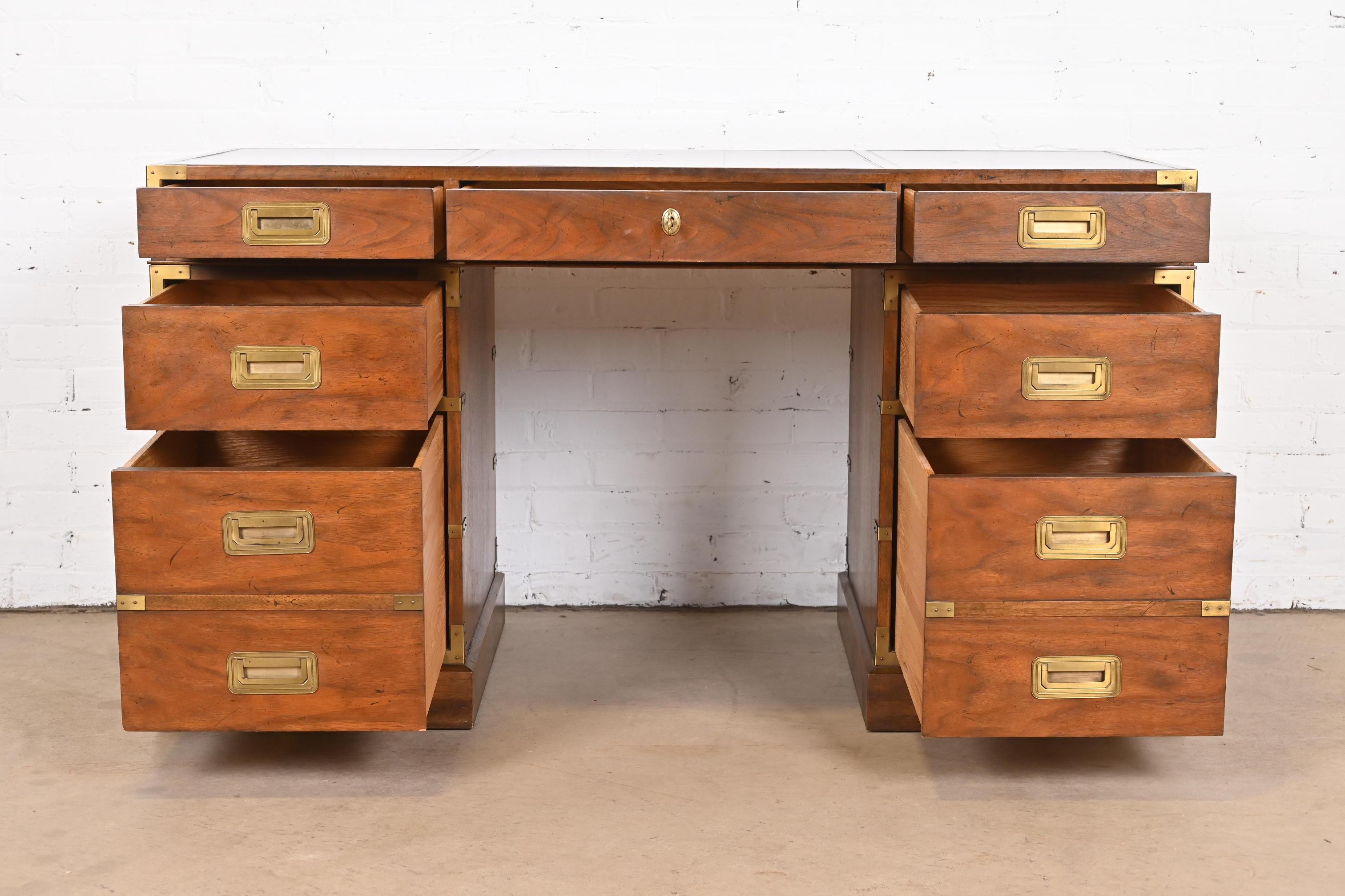 Baker Furniture Hollywood Regency Campaign Walnut Leather Top Desk, 1960s 1