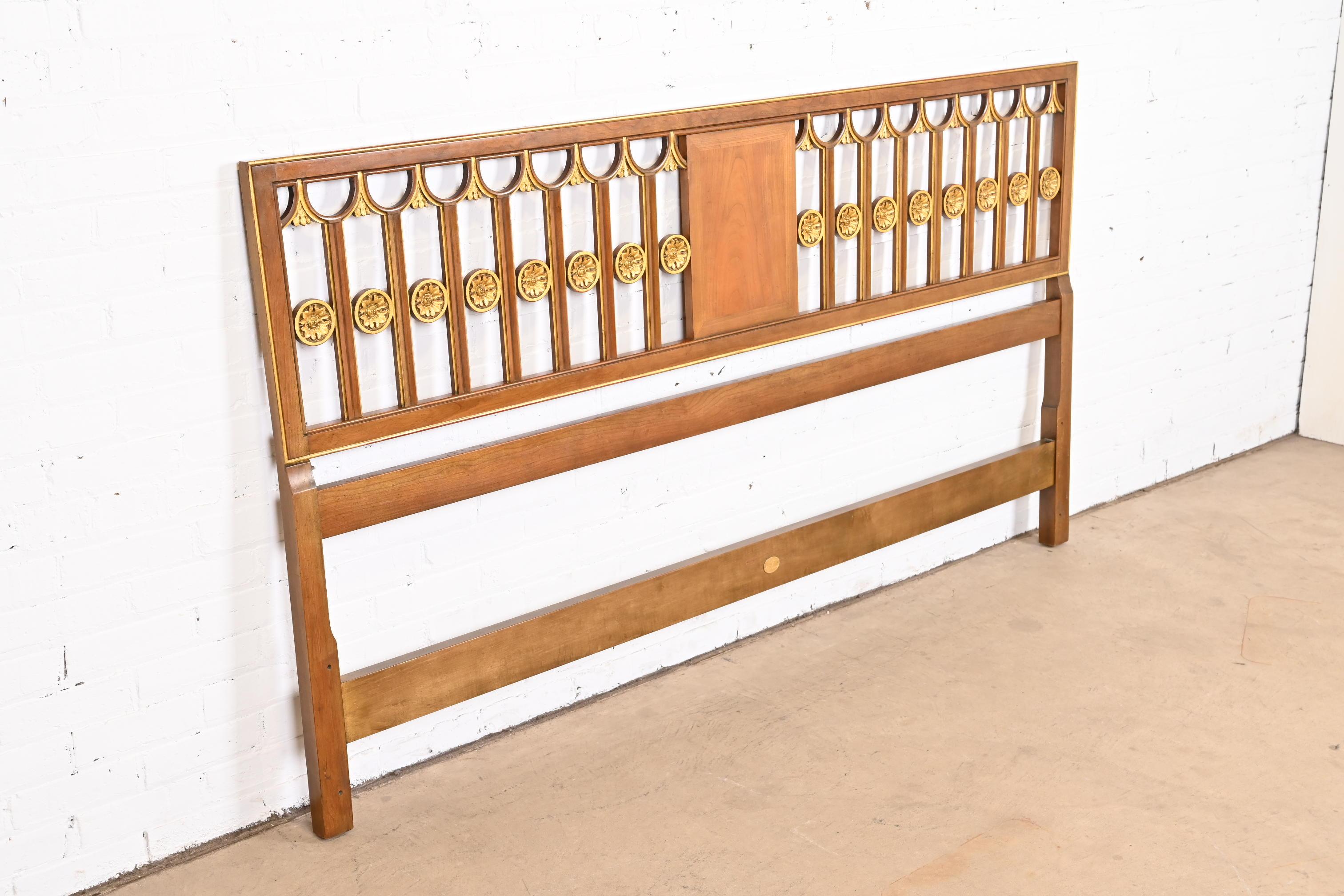 Baker Furniture Hollywood Regency Cherry Wood and Gold Gilt King Size Headboard In Good Condition In South Bend, IN