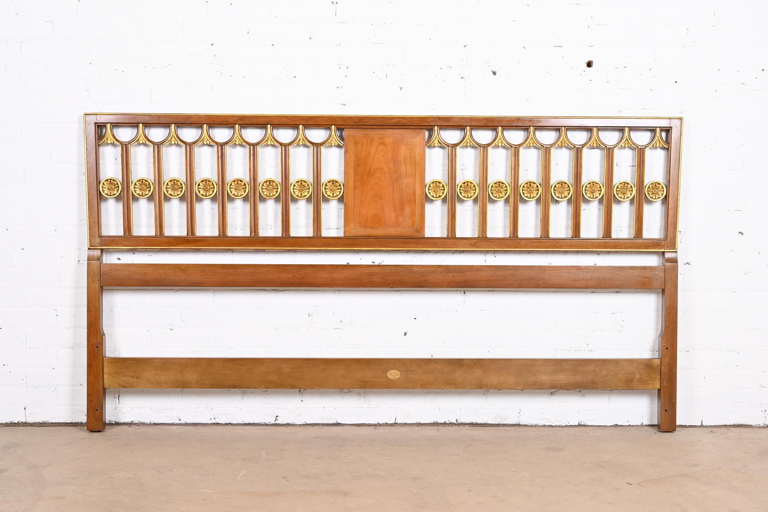 Baker Furniture Hollywood Regency Cherry Wood and Gold Gilt King Size Headboard In Good Condition In South Bend, IN