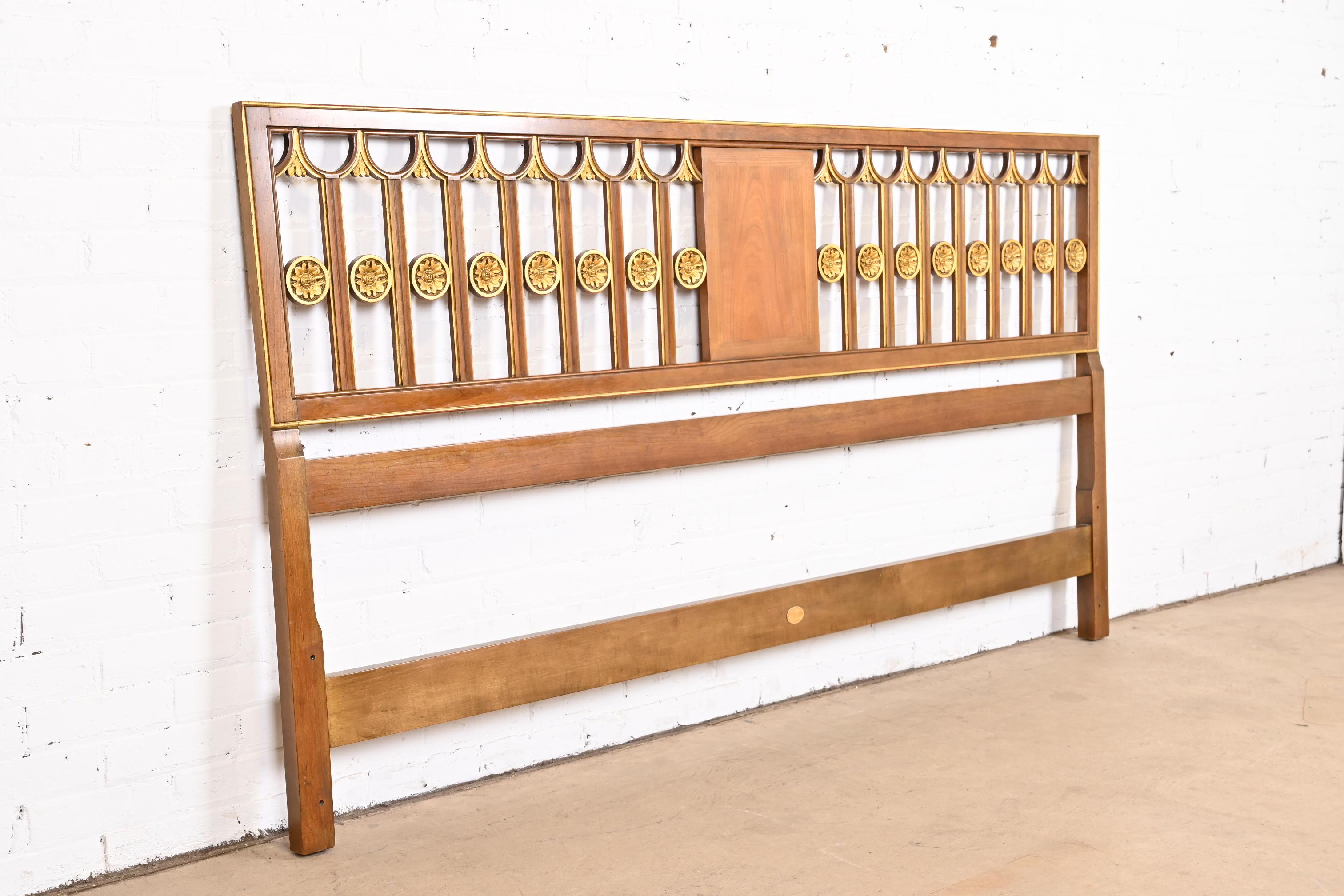 Mid-20th Century Baker Furniture Hollywood Regency Cherry Wood and Gold Gilt King Size Headboard