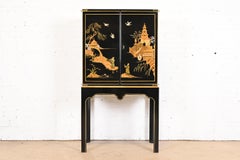 Baker Furniture Hollywood Regency Chinoiserie Black Lacquered Bar Cabinet