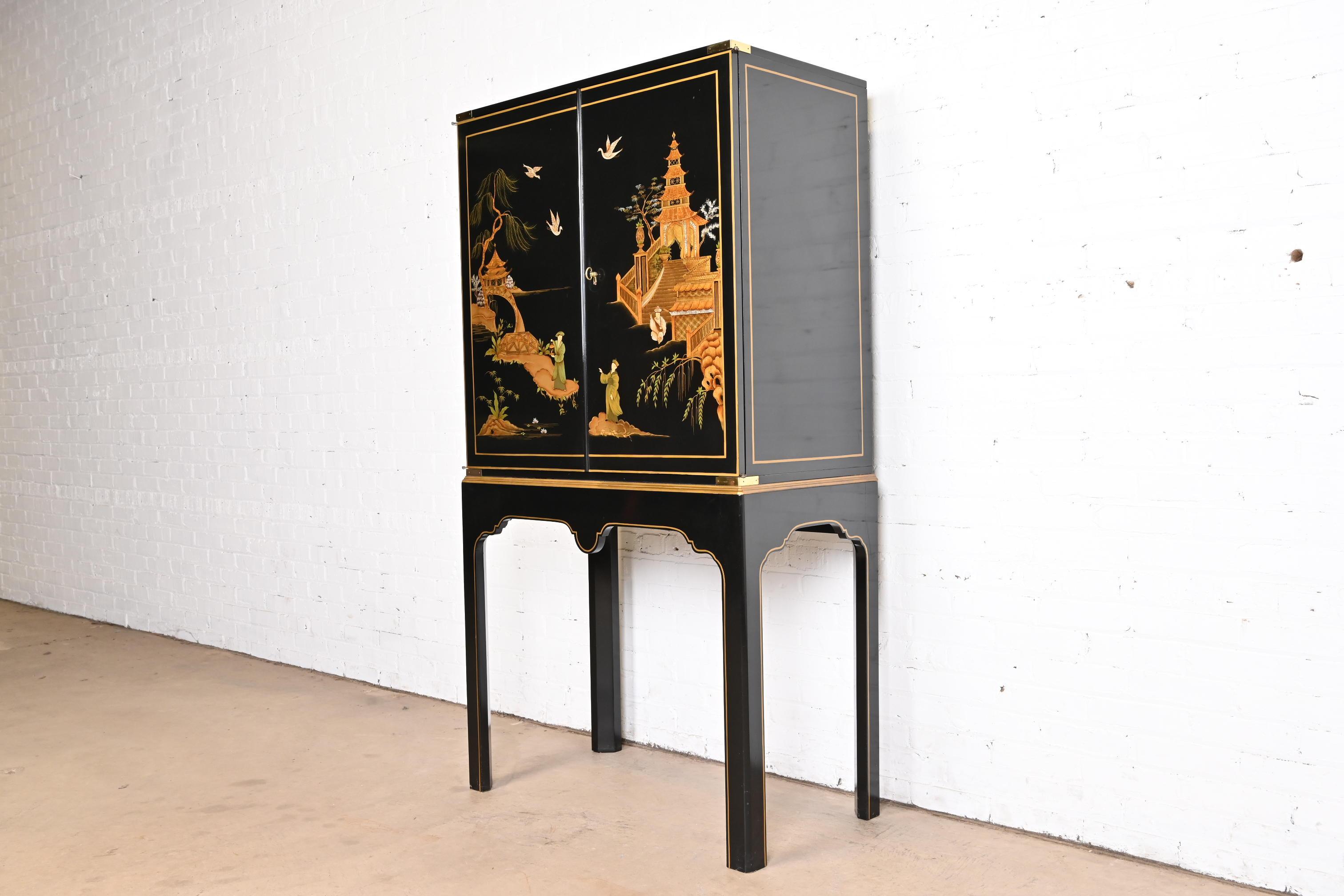 American Baker Furniture Hollywood Regency Chinoiserie Black Lacquered Bar Cabinet For Sale