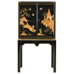 Baker Furniture Hollywood Regency Chinoiserie Black Lacquered Bar Cabinet