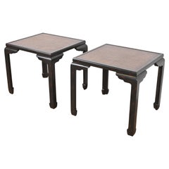 Baker Furniture Hollywood Regency Chinoiserie Black Lacquered Side Tables, Pair