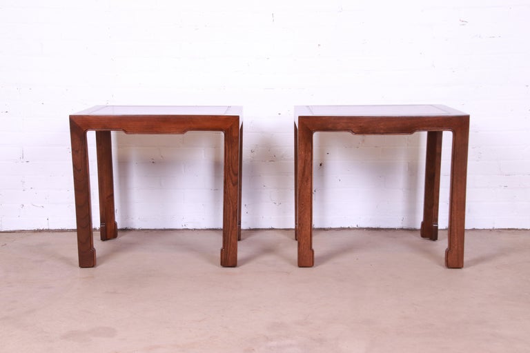 20th Century Baker Furniture Hollywood Regency Chinoiserie Burl Wood Side Tables, Refinished For Sale