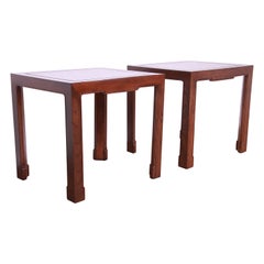 Baker Furniture Hollywood Regency Chinoiserie Burl Wood Side Tables, Refinished