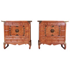 Baker Furniture Hollywood Regency Chinoiserie Burled Walnut Bar Cabinets, Pair