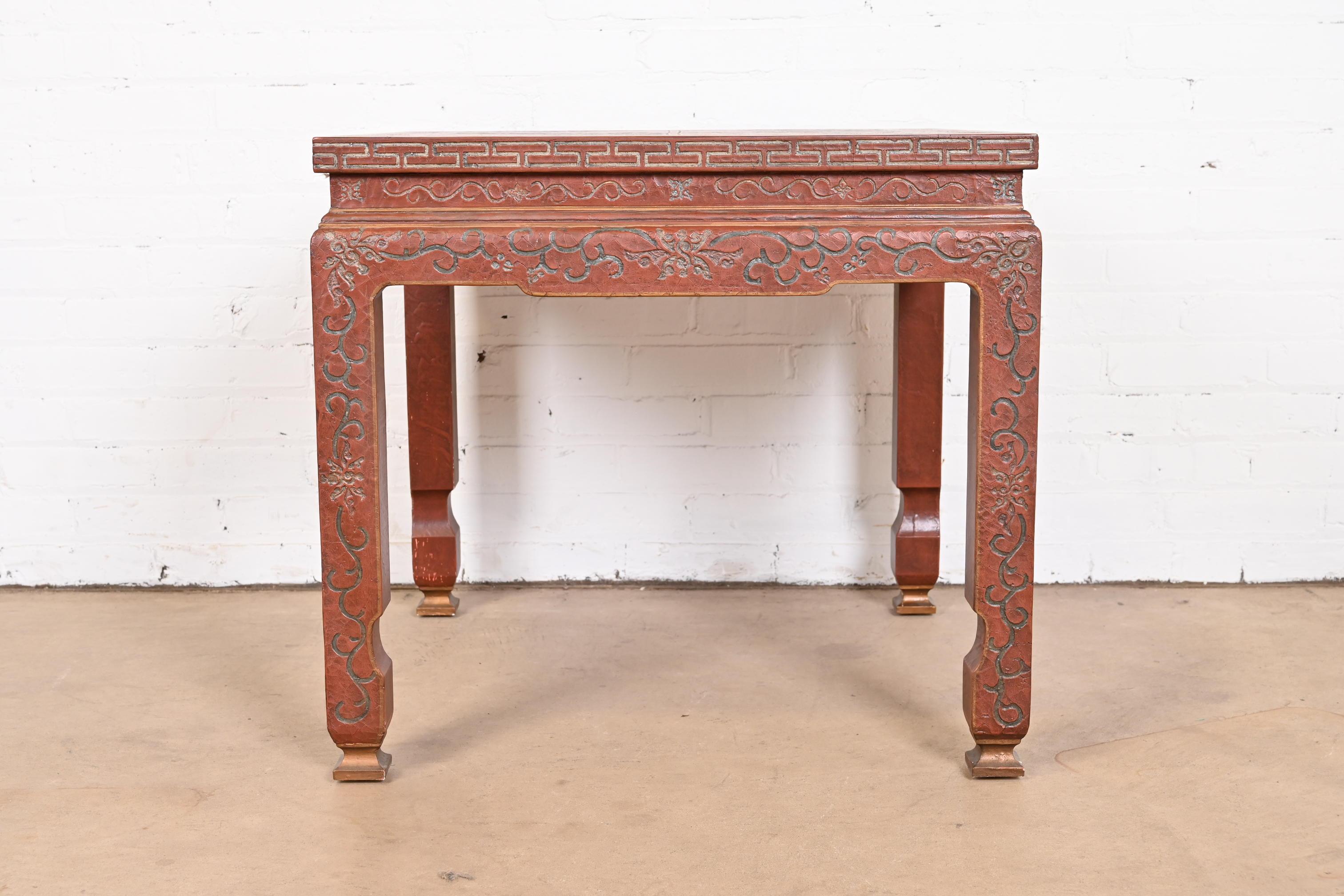 Baker Furniture Hollywood Regency Chinoiserie Carved Red Lacquered Side Table 6
