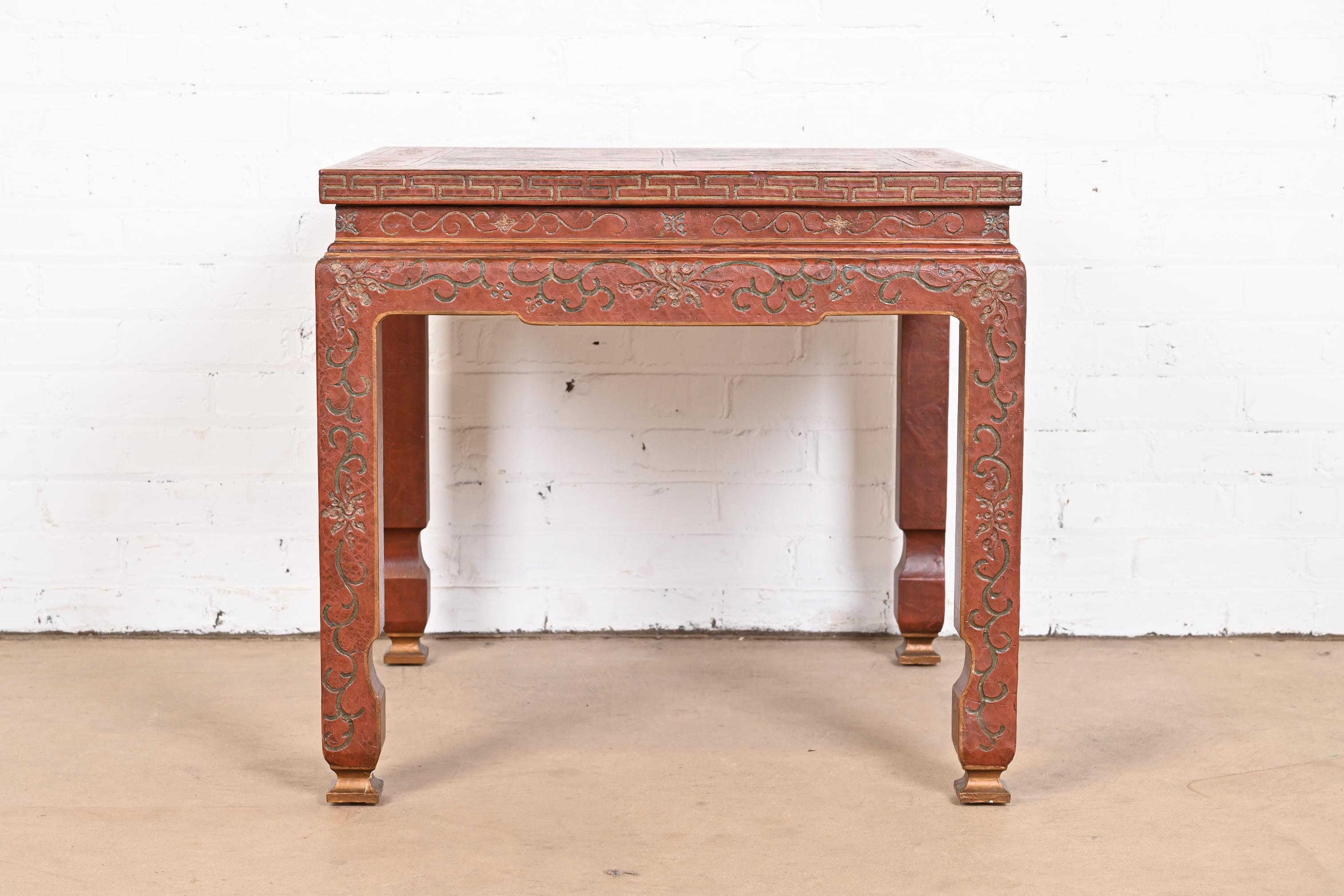 American Baker Furniture Hollywood Regency Chinoiserie Carved Red Lacquered Side Table