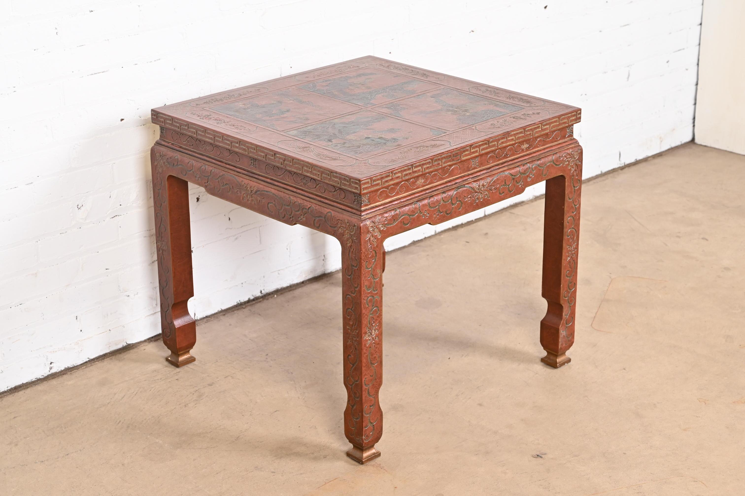 Baker Furniture Hollywood Regency Chinoiserie Carved Red Lacquered Side Table In Good Condition In South Bend, IN