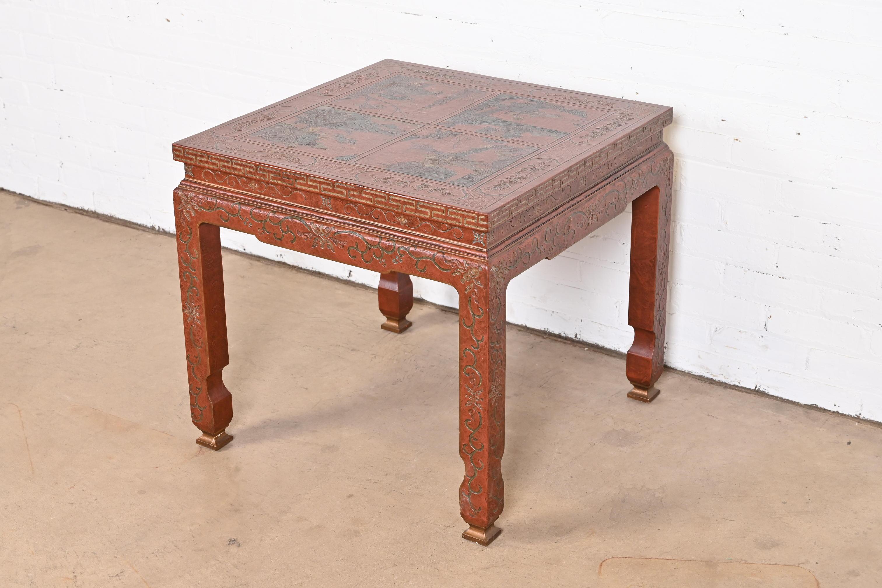 Wood Baker Furniture Hollywood Regency Chinoiserie Carved Red Lacquered Side Table