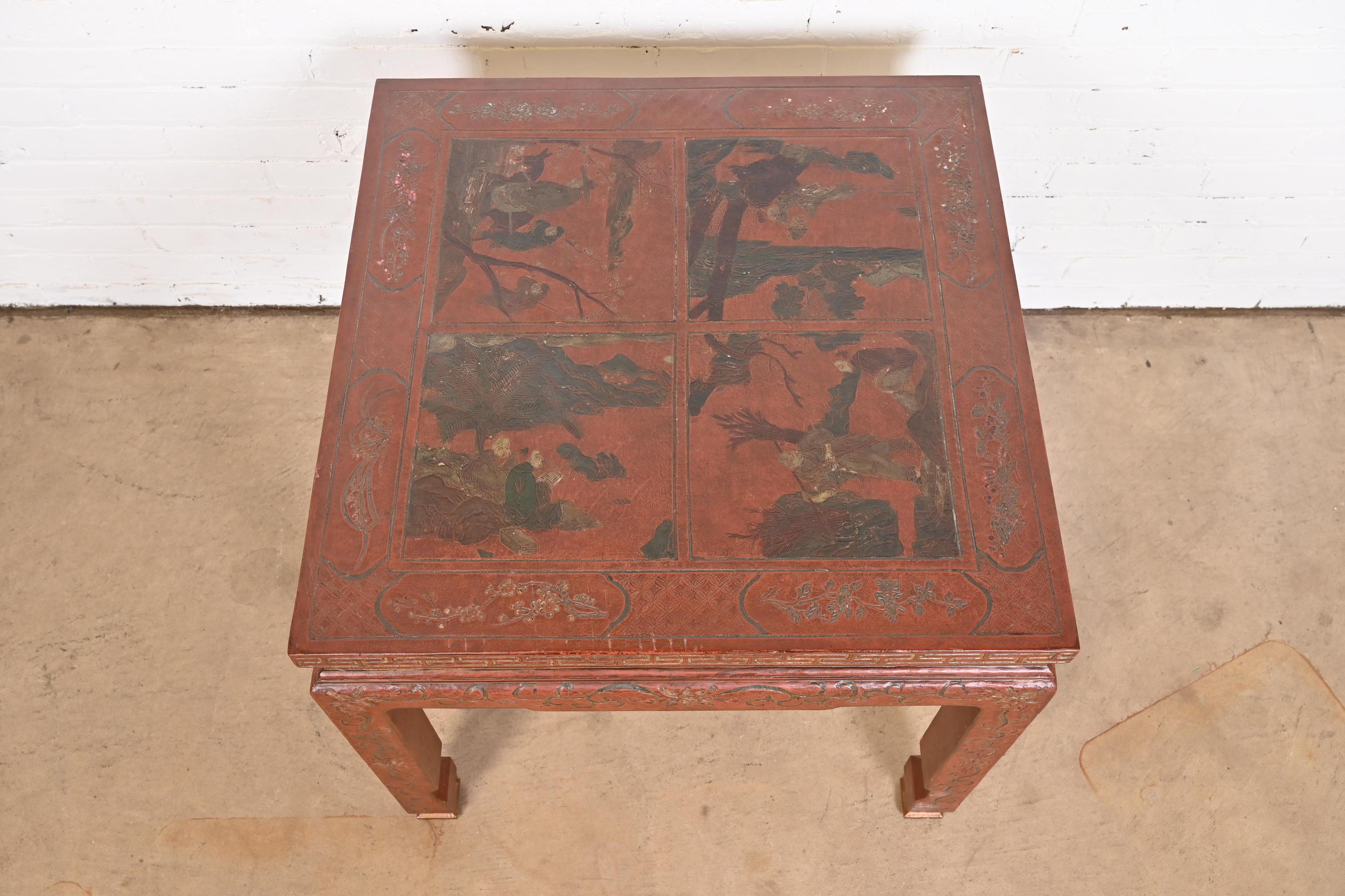 Baker Furniture Hollywood Regency Chinoiserie Carved Red Lacquered Side Table 2