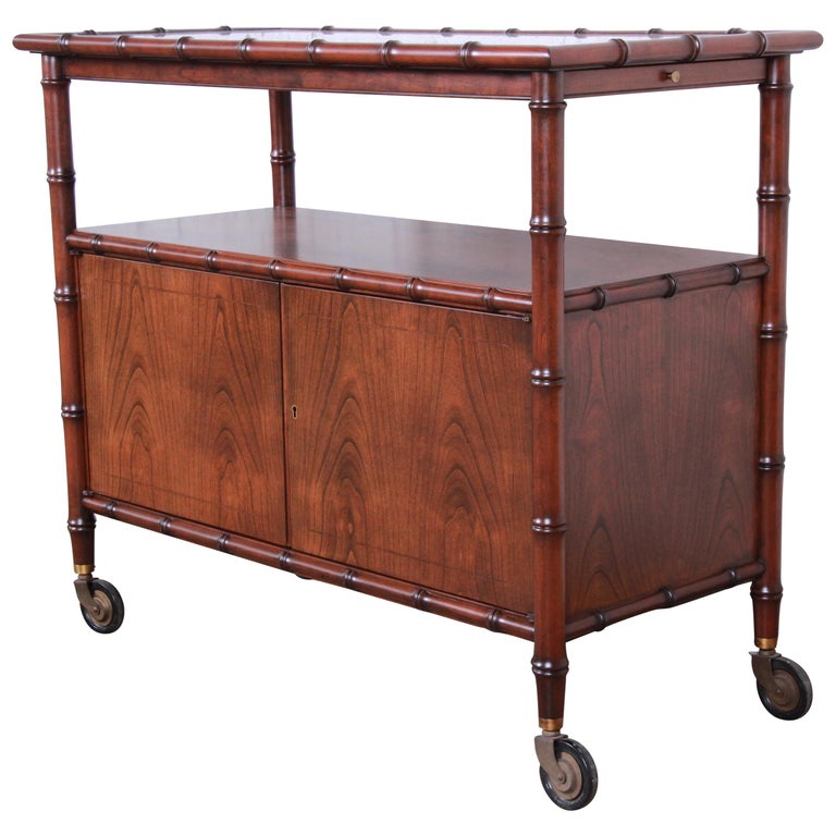 Baker Furniture Hollywood Regency Chinoiserie Faux Bamboo Bar Cart at