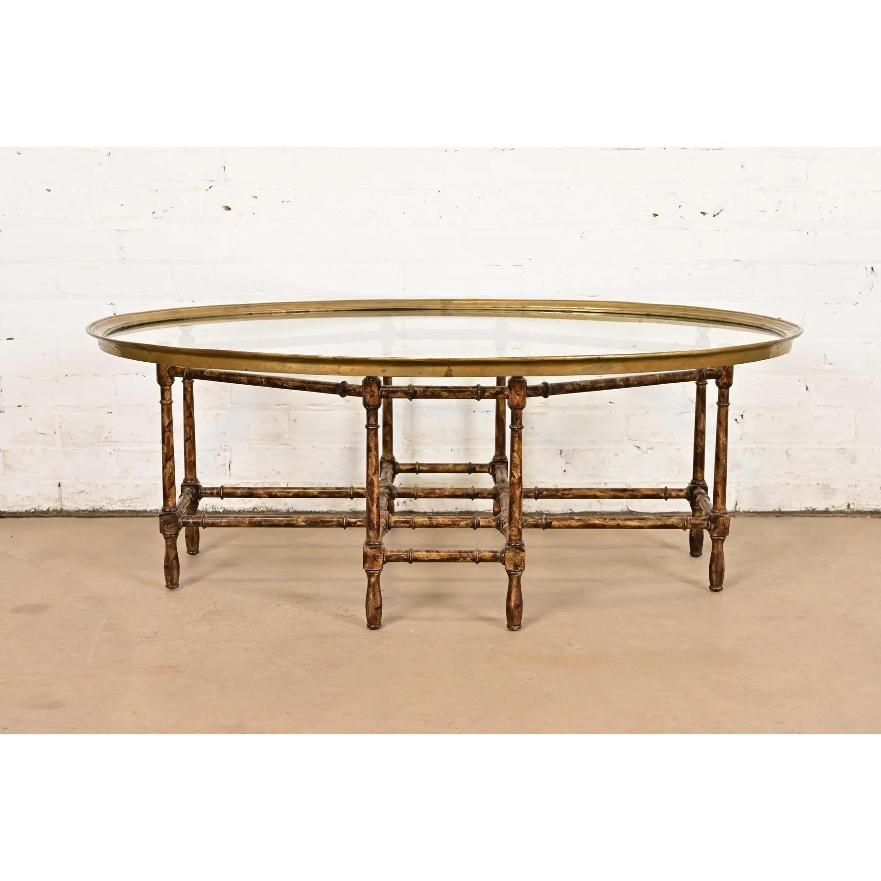 American Baker Furniture Hollywood Regency Chinoiserie Faux Bamboo, Brass, & Glass Table For Sale
