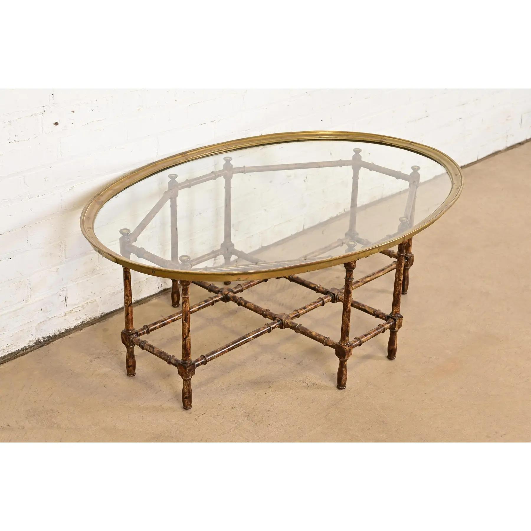 Baker Furniture Hollywood Regency Chinoiserie Faux Bamboo, Brass, & Glass Table In Good Condition For Sale In South Bend, IN
