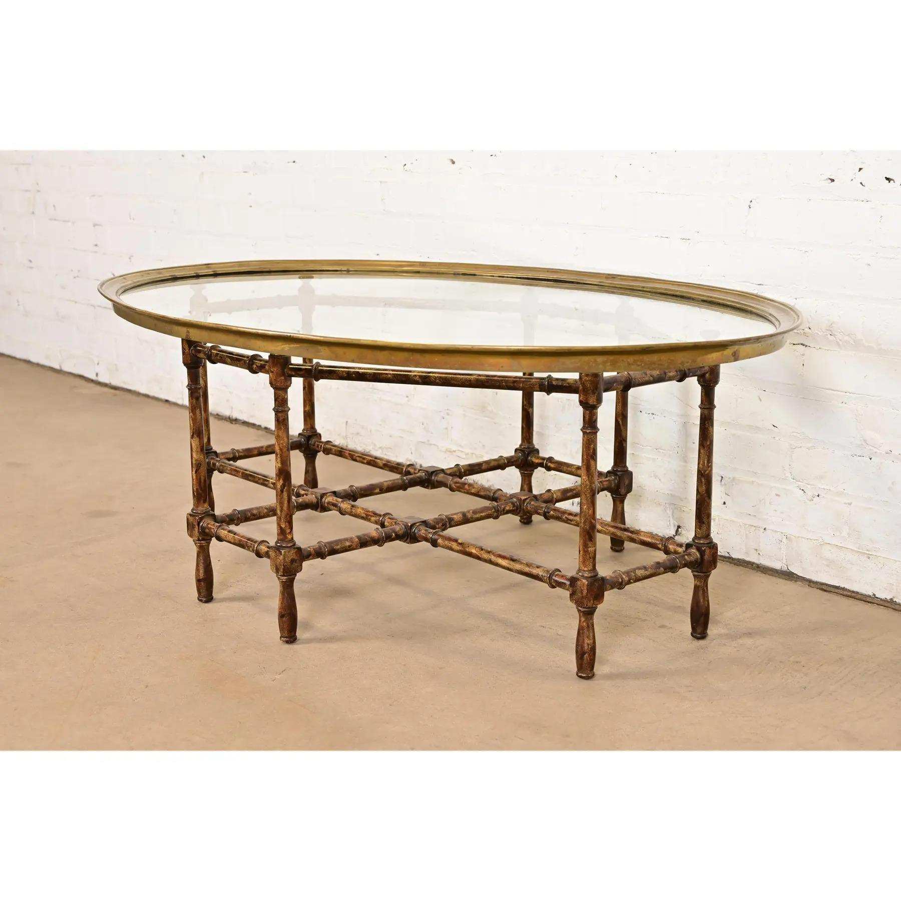Mid-20th Century Baker Furniture Hollywood Regency Chinoiserie Faux Bamboo, Brass, & Glass Table For Sale