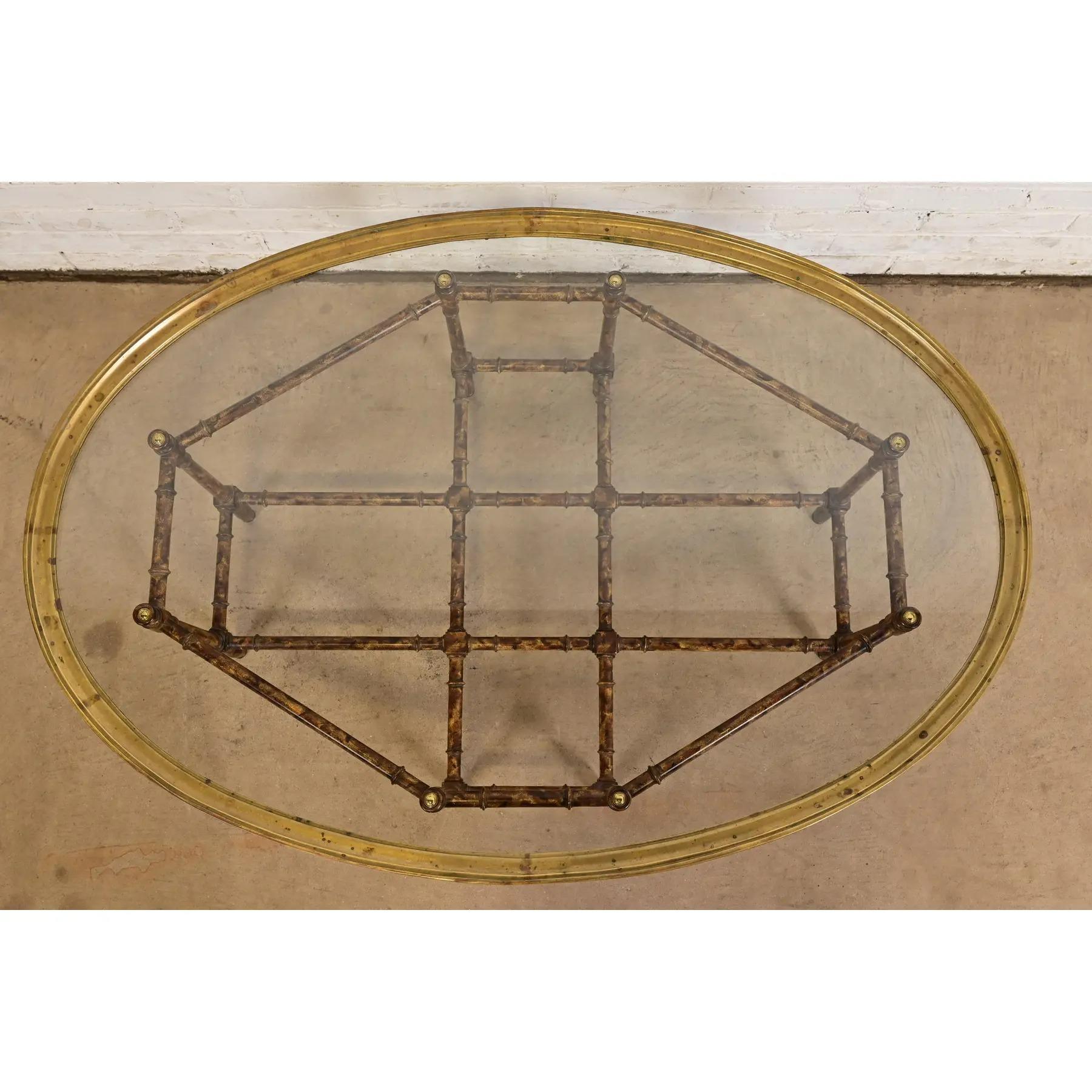 Baker Furniture Hollywood Regency Chinoiserie Faux Bamboo, Brass, & Glass Table For Sale 1