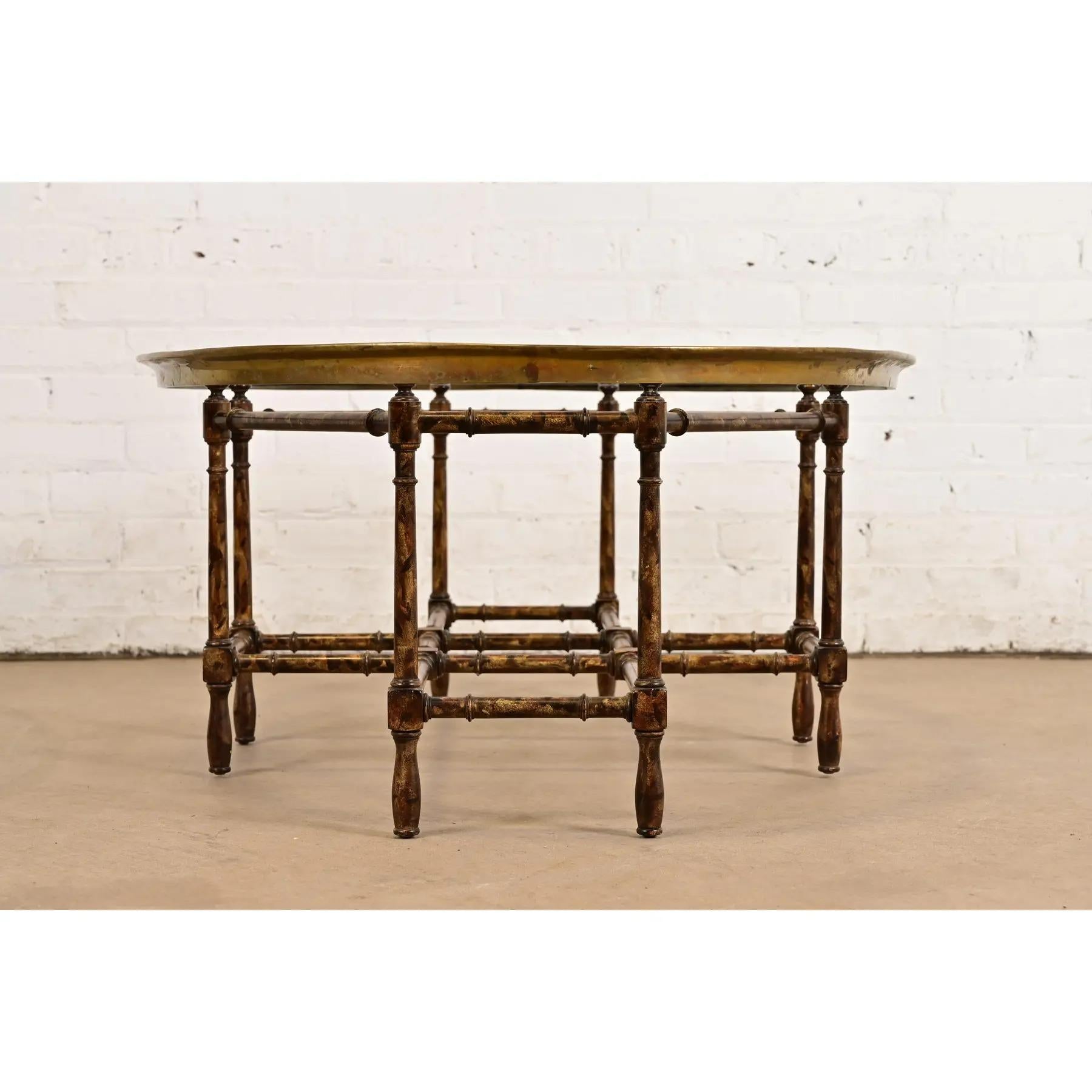 Baker Furniture Hollywood Regency Chinoiserie Faux Bamboo, Brass, & Glass Table For Sale 2