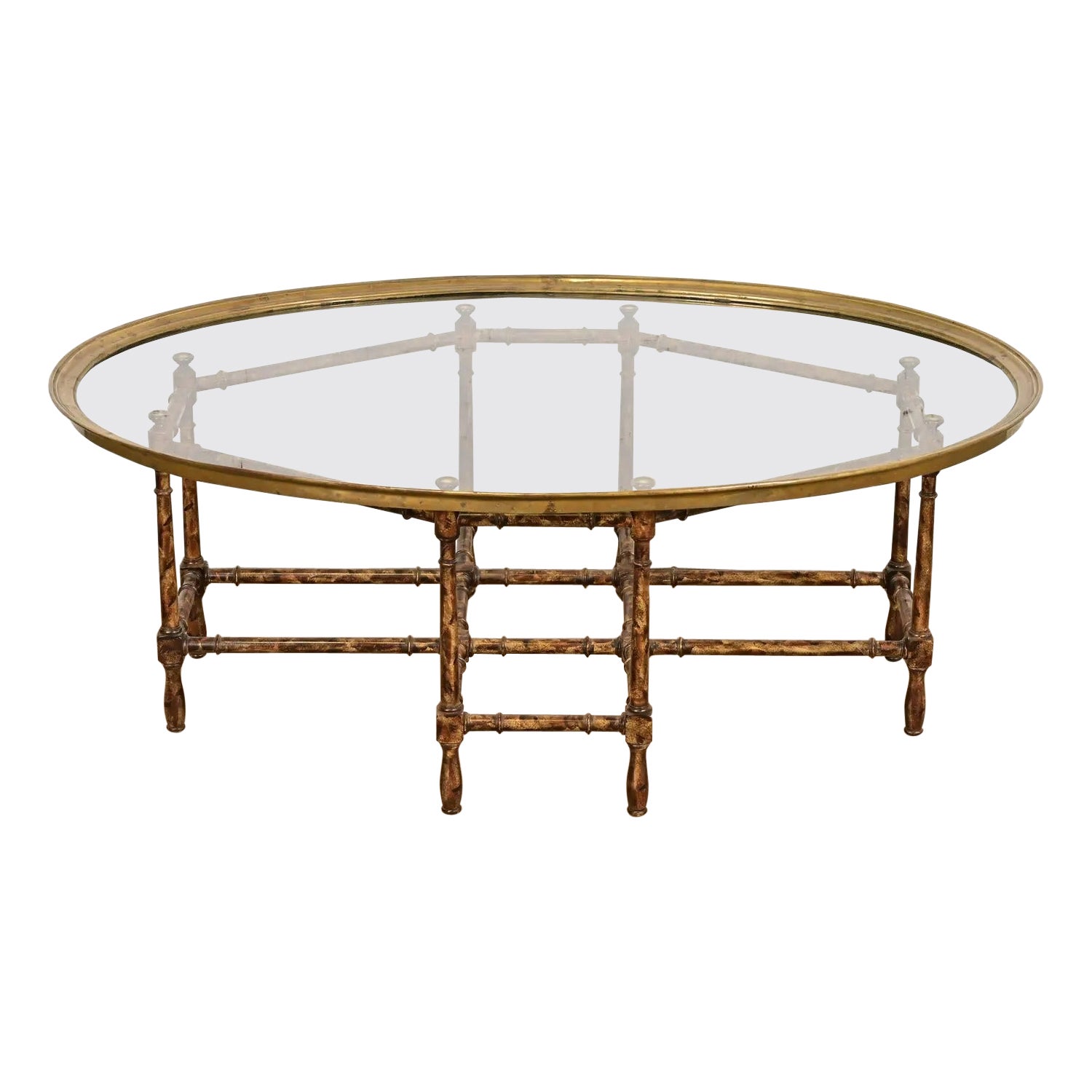 Baker Furniture Hollywood Regency Chinoiserie Faux Bamboo, Brass, & Glass Table For Sale