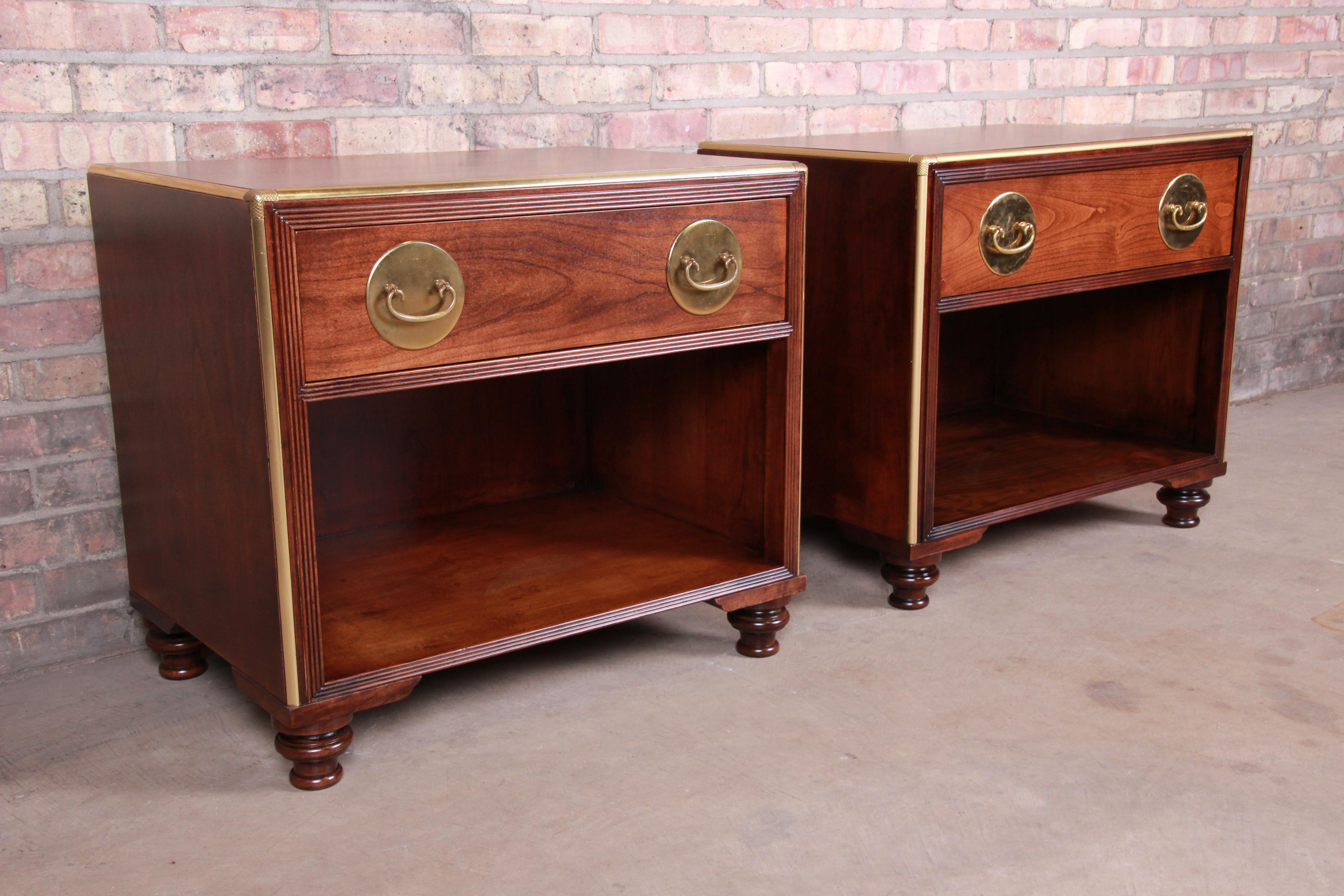 An exceptional pair of Mid-Century Modern Hollywood Regency chinoiserie nightstands

By Baker Furniture

USA, circa 1970s

Mahogany, with Asian-inspired brass hardware and brass trim.

Measures: 28