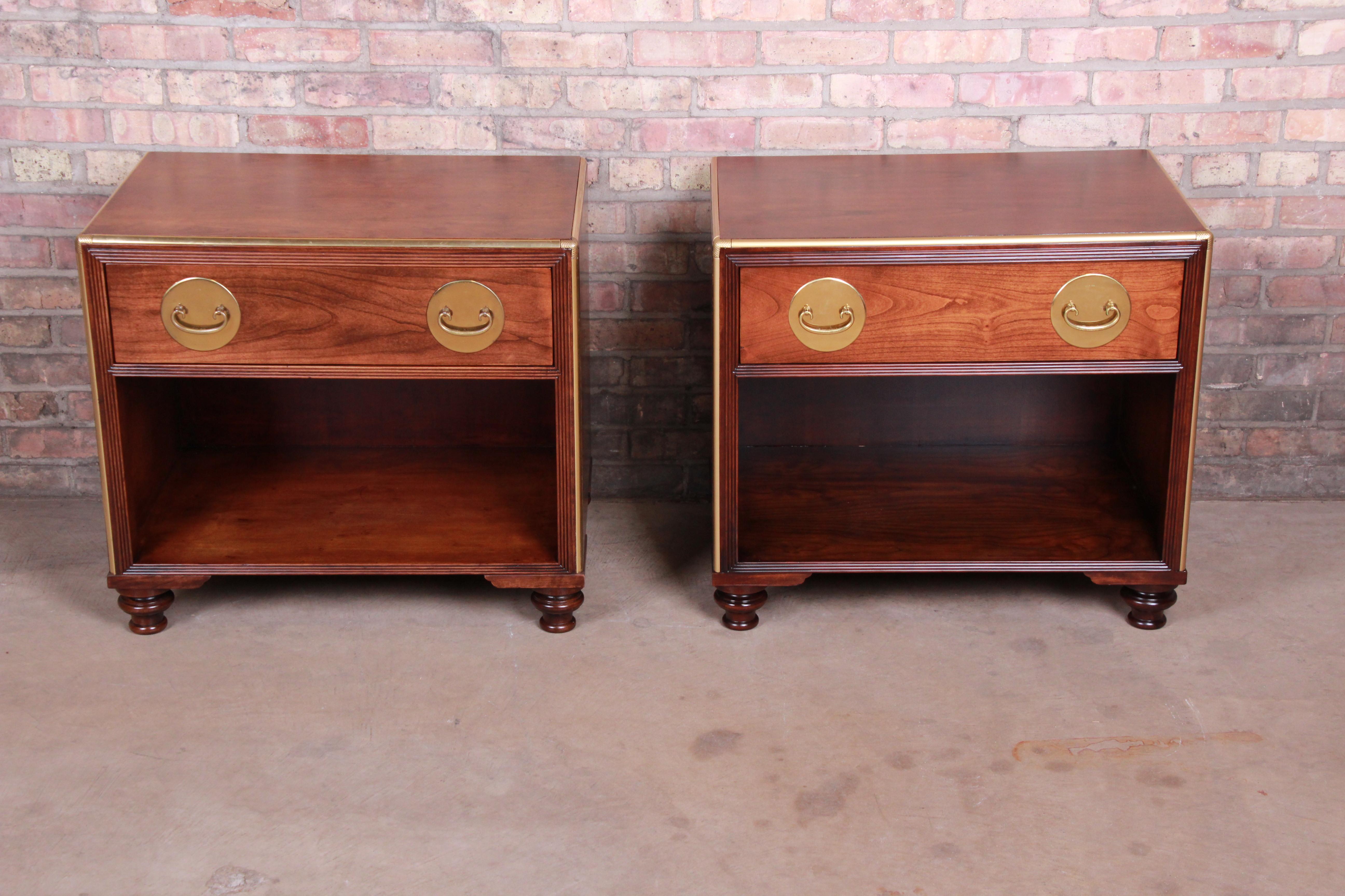 Mid-Century Modern Baker Furniture Hollywood Regency Chinoiserie Mahogany and Brass Nightstands