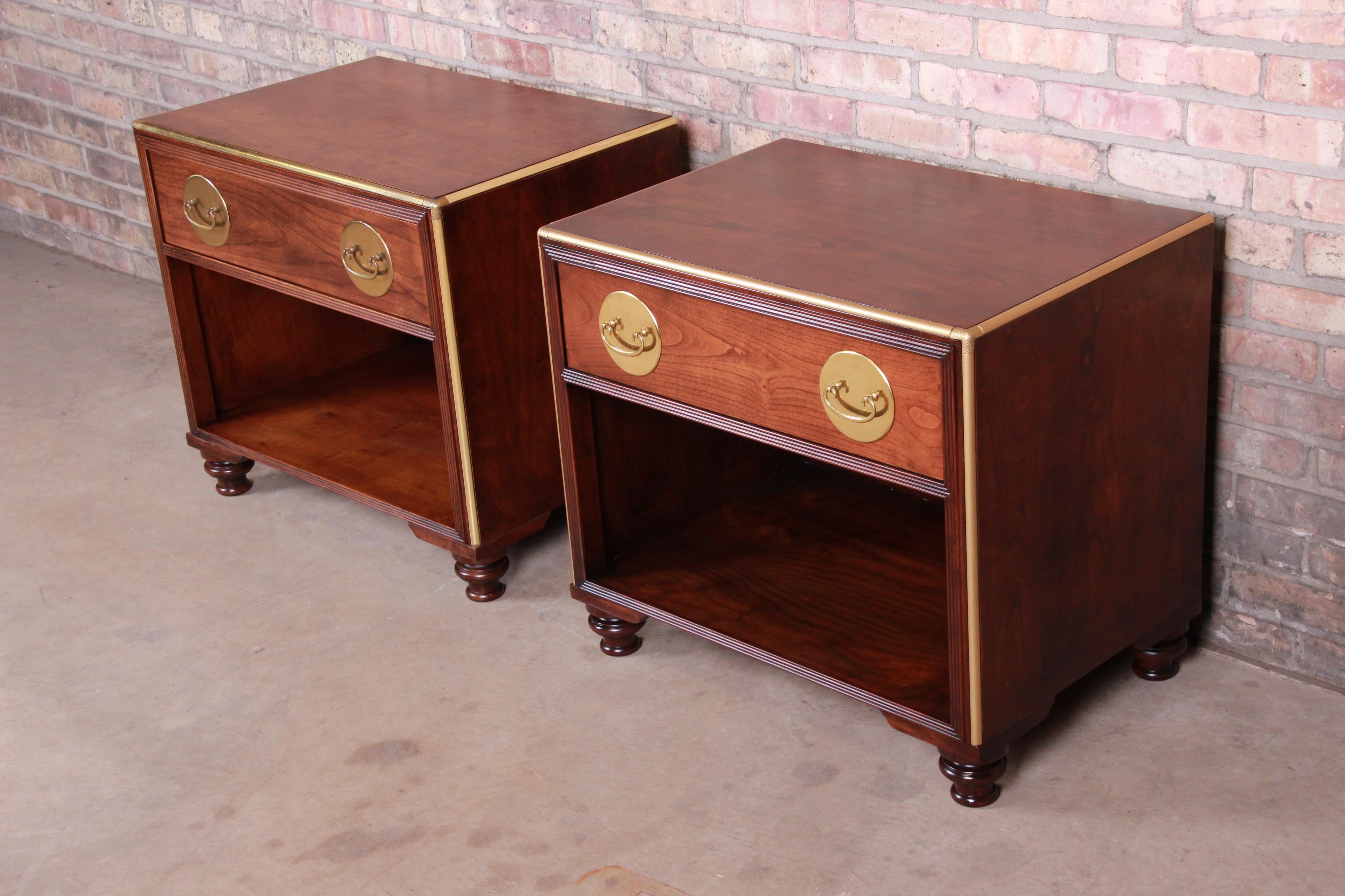 Baker Furniture Hollywood Regency Chinoiserie Mahogany and Brass Nightstands In Good Condition In South Bend, IN