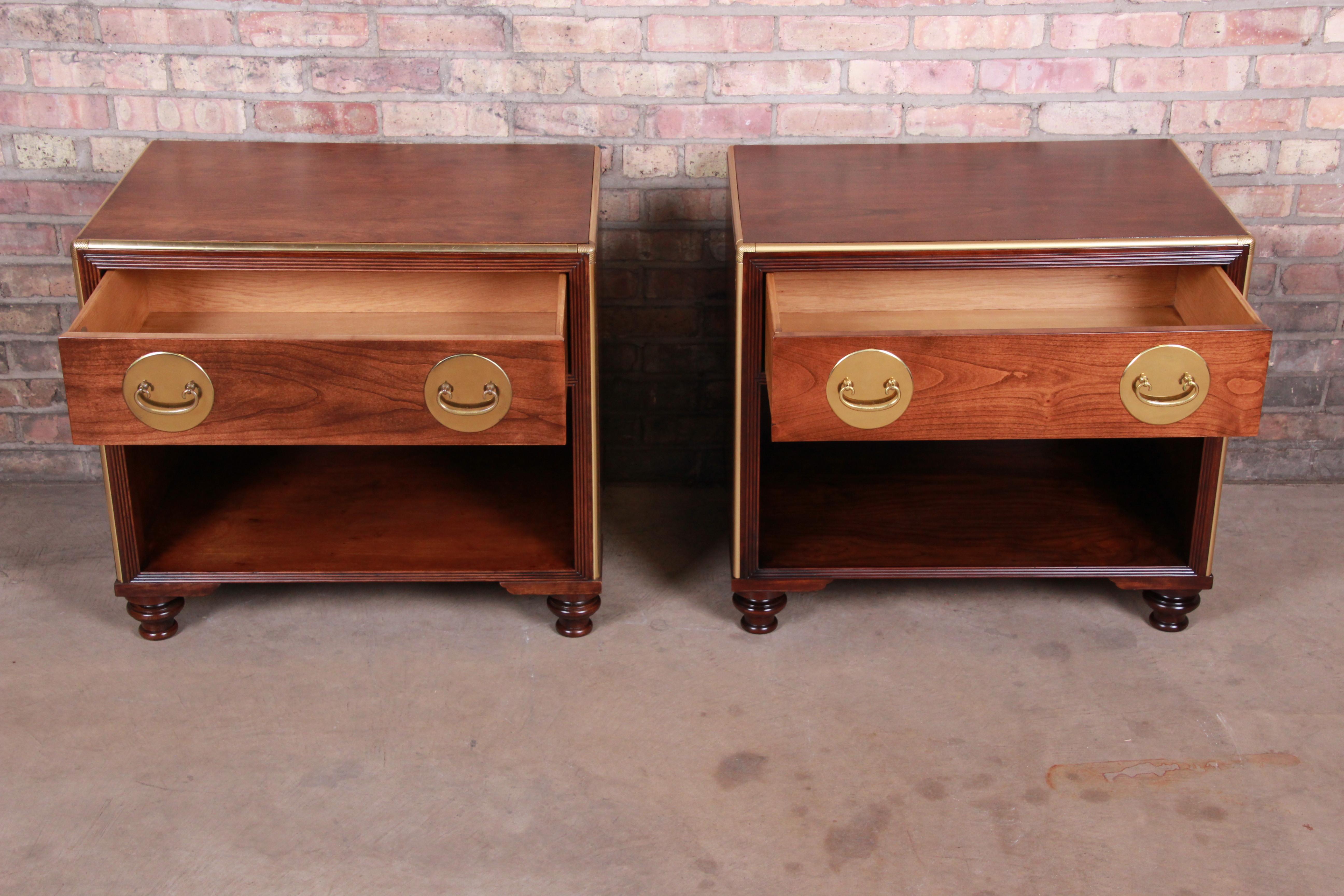 20th Century Baker Furniture Hollywood Regency Chinoiserie Mahogany and Brass Nightstands