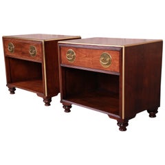 Baker Furniture Hollywood Regency Chinoiserie Mahogany and Brass Nightstands