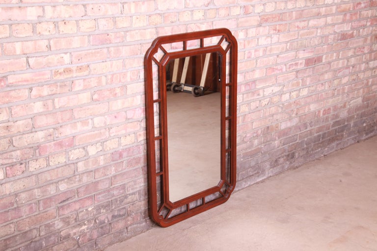 Late 20th Century Baker Furniture Hollywood Regency Chinoiserie Mahogany Framed Wall Mirror For Sale