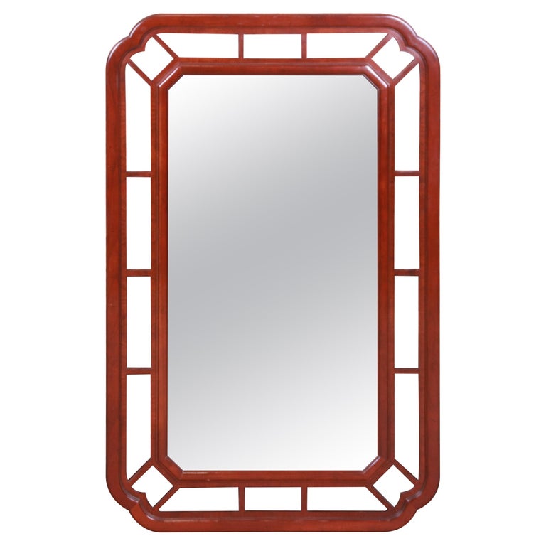 Baker Furniture Hollywood Regency Chinoiserie Mahogany Framed Wall Mirror For Sale