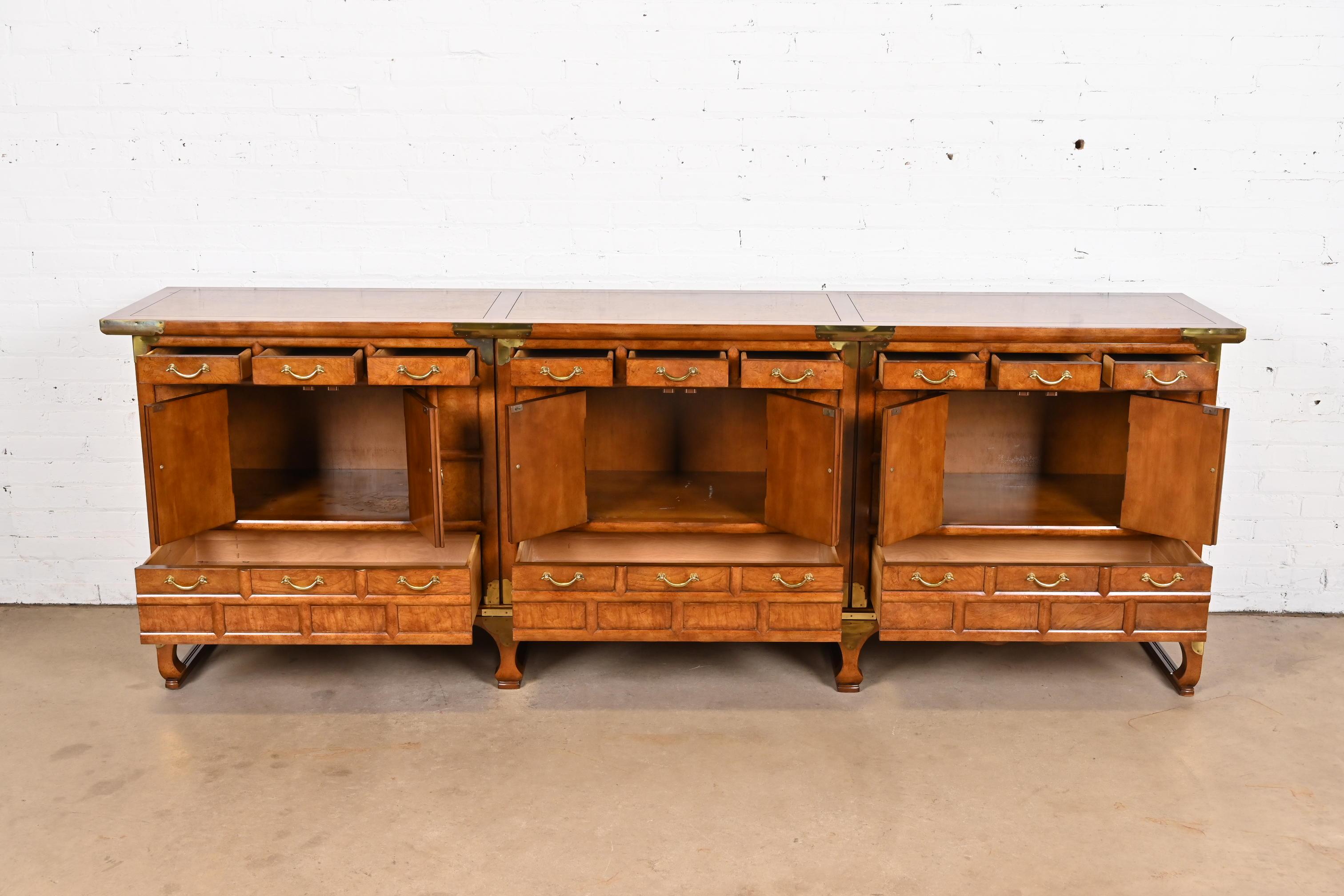 Brass Baker Furniture Hollywood Regency Chinoiserie Monumental Burled Walnut Sideboard