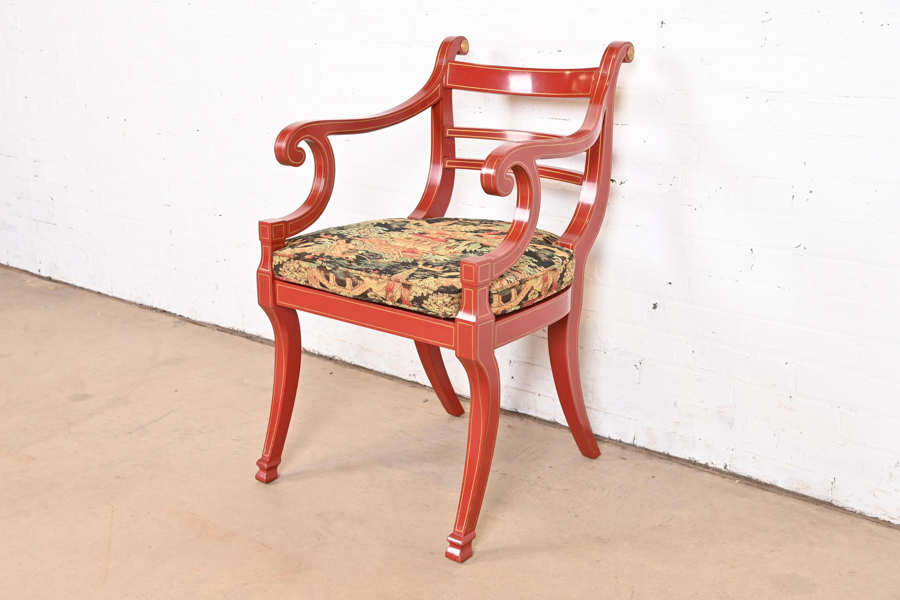Baker Furniture Hollywood Regency Chinoiserie Red Lacquered Armchair In Good Condition In South Bend, IN