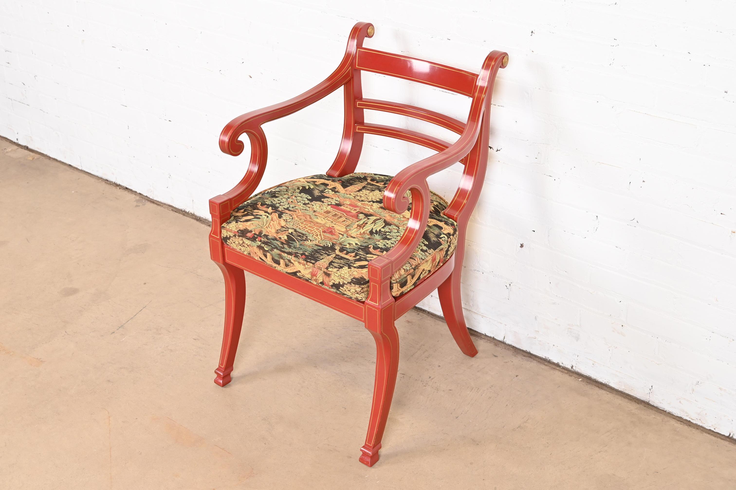 20th Century Baker Furniture Hollywood Regency Chinoiserie Red Lacquered Armchair