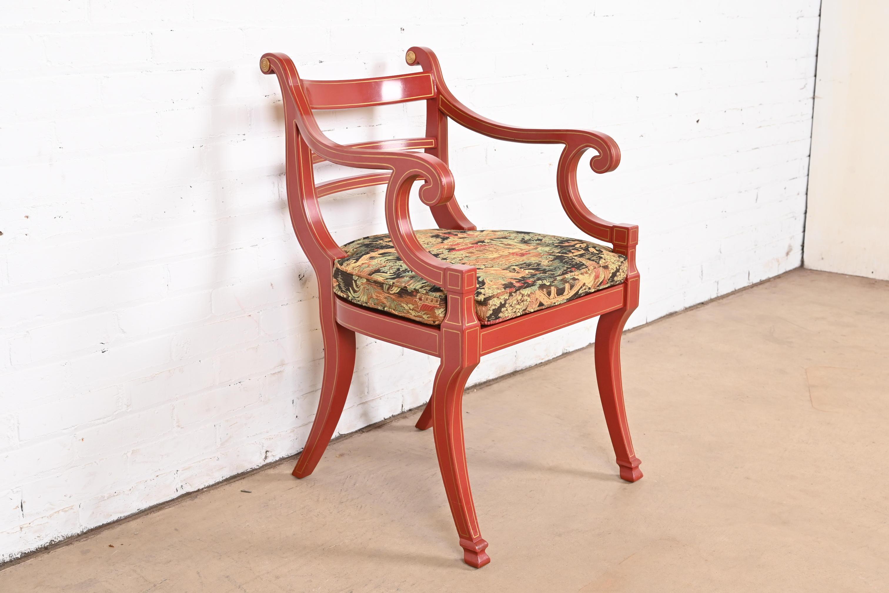 Upholstery Baker Furniture Hollywood Regency Chinoiserie Red Lacquered Armchair