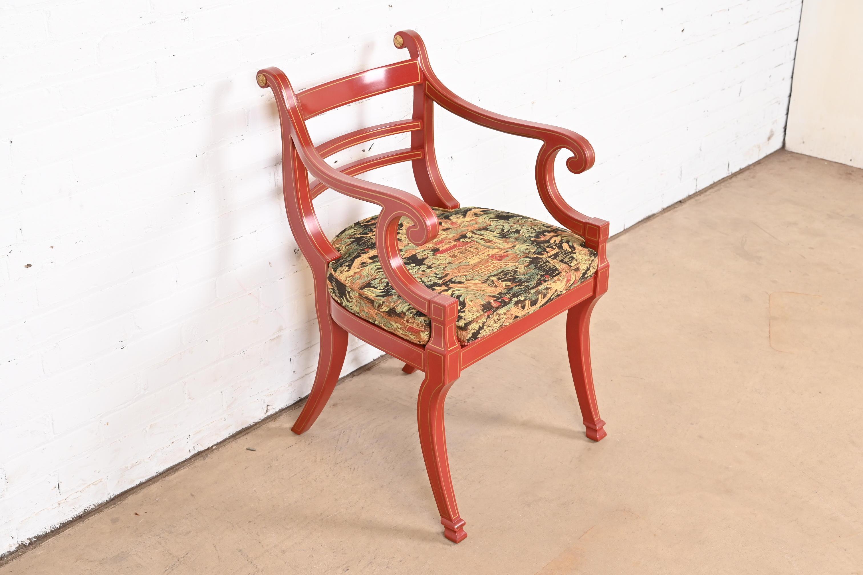 Baker Furniture Hollywood Regency Chinoiserie Red Lacquered Armchair 1