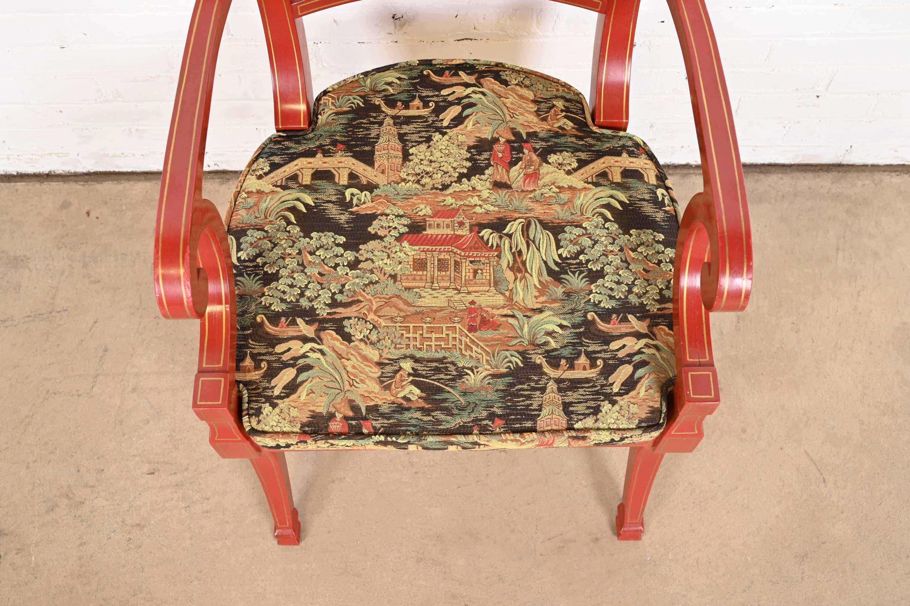 Baker Furniture Hollywood Regency Chinoiserie Red Lacquered Armchair 3