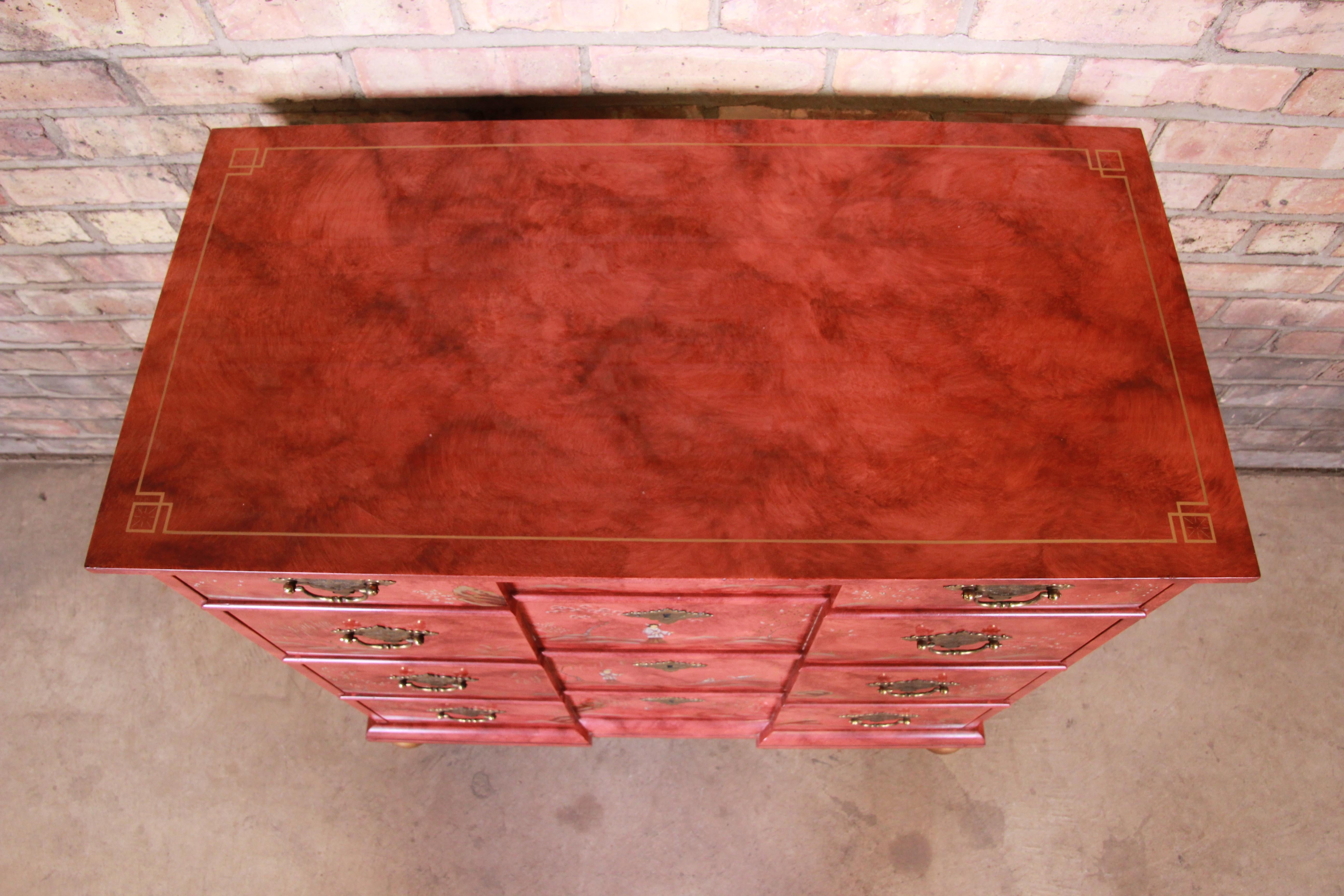 Baker Furniture Hollywood Regency Chinoiserie Red Lacquered Chest of Drawers 3