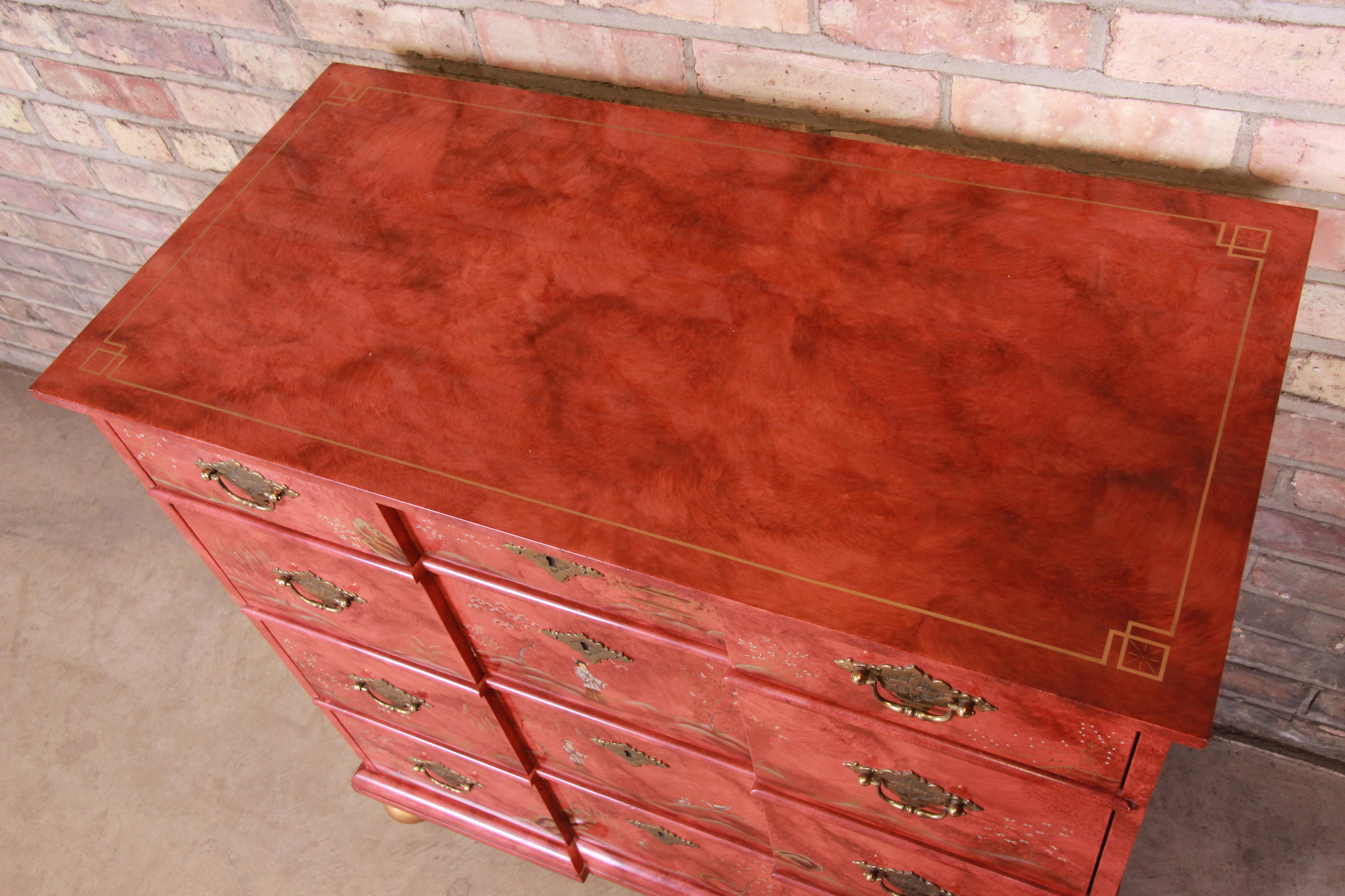 Baker Furniture Hollywood Regency Chinoiserie Red Lacquered Chest of Drawers 5