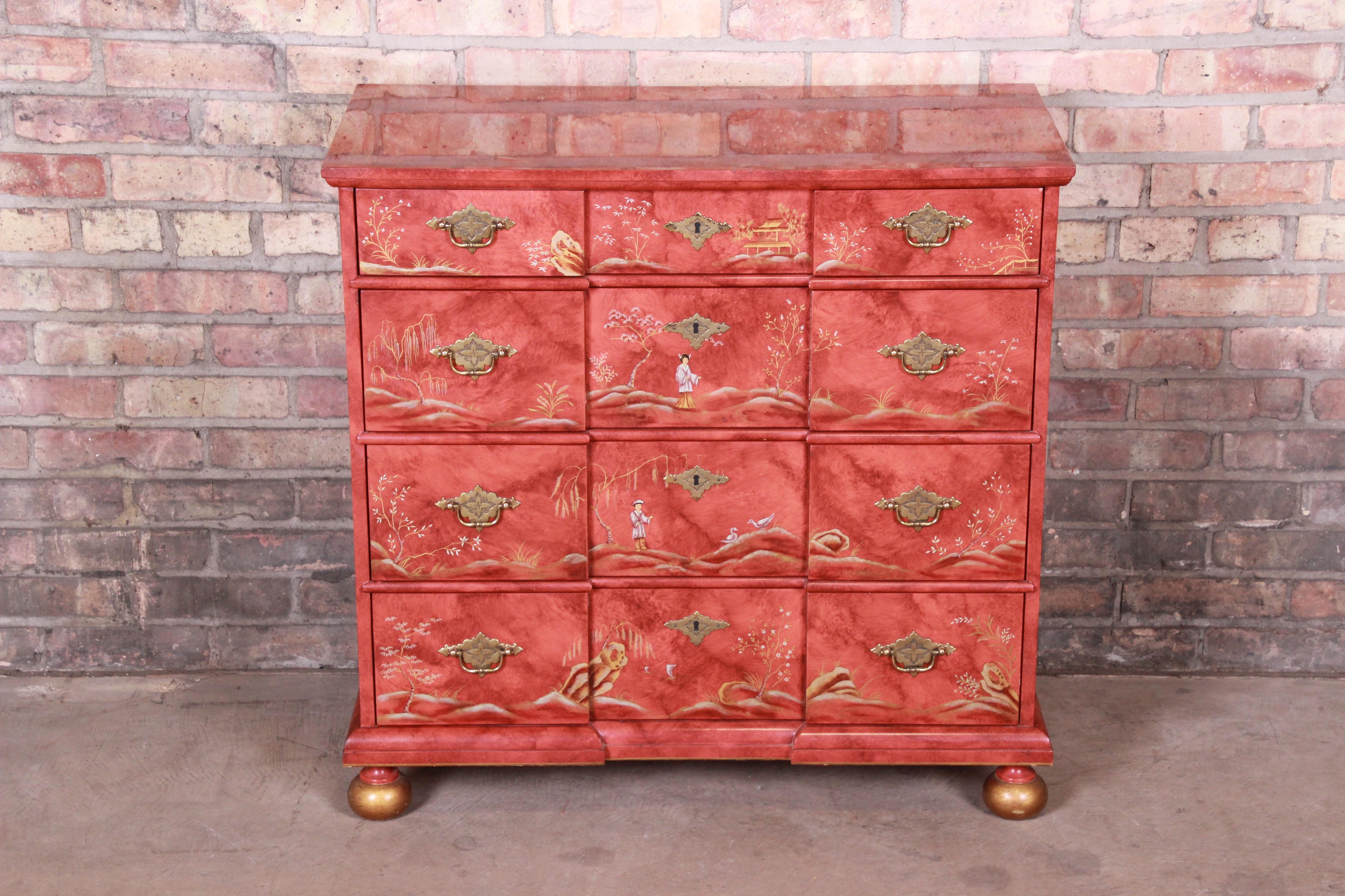 An exceptional midcentury Hollywood Regency chinoiserie dresser chest

By Baker Furniture

USA, circa 1960s

Red lacquered wood, with hand-painted Asian nature scenes and original brass hardware.

Measures: 32.25