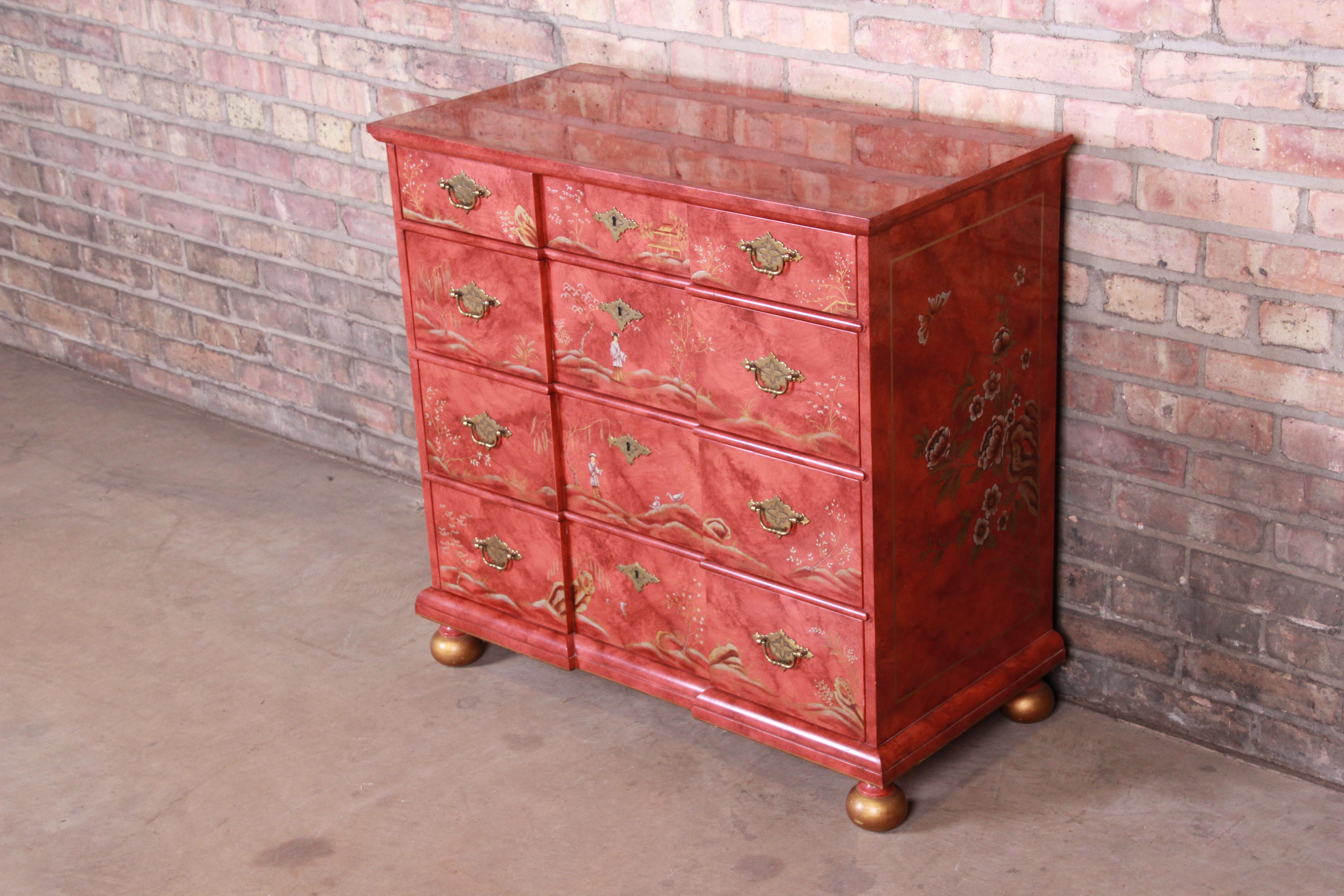 American Baker Furniture Hollywood Regency Chinoiserie Red Lacquered Chest of Drawers