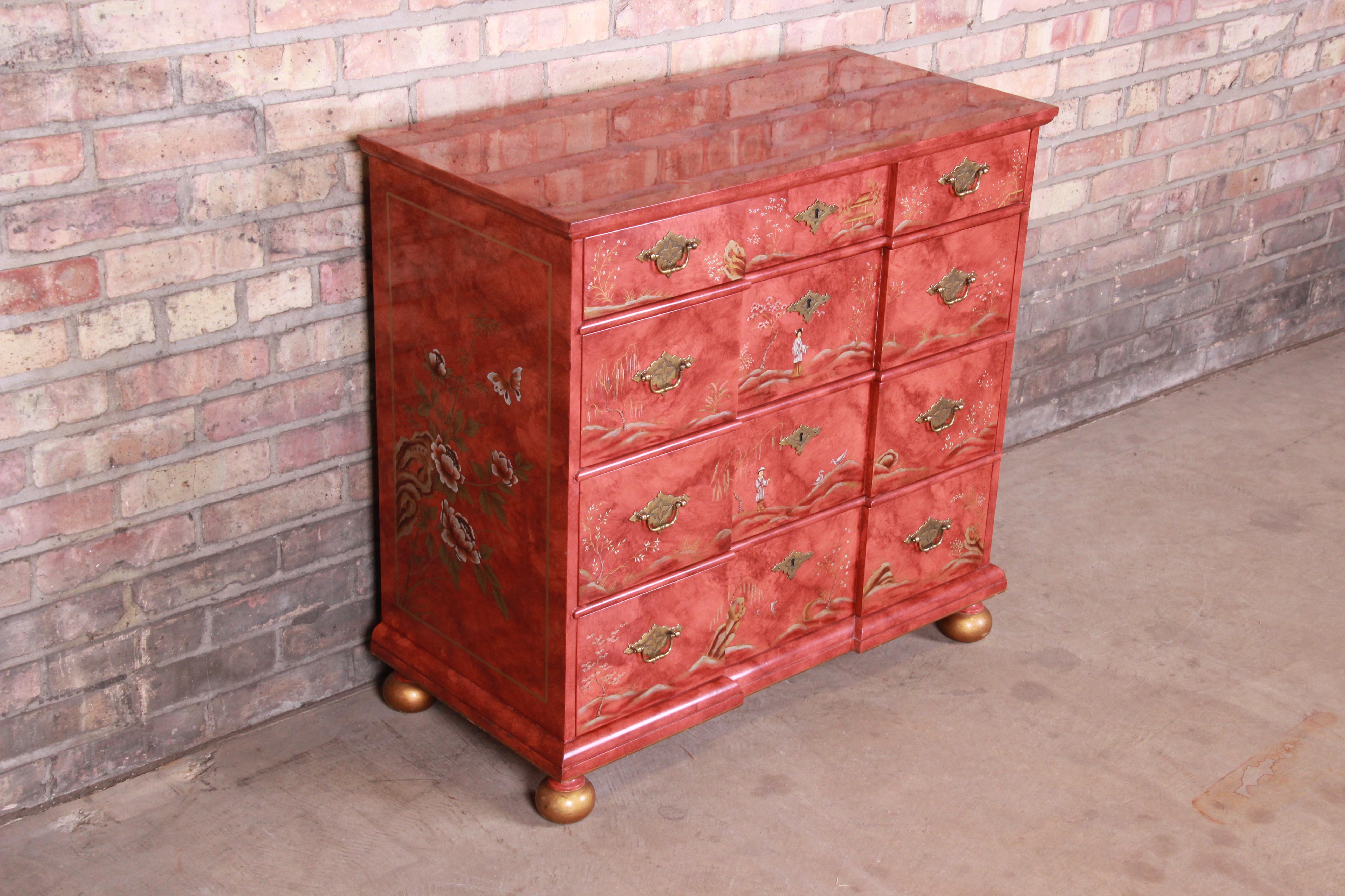 Baker Furniture Hollywood Regency Chinoiserie Red Lacquered Chest of Drawers In Good Condition In South Bend, IN