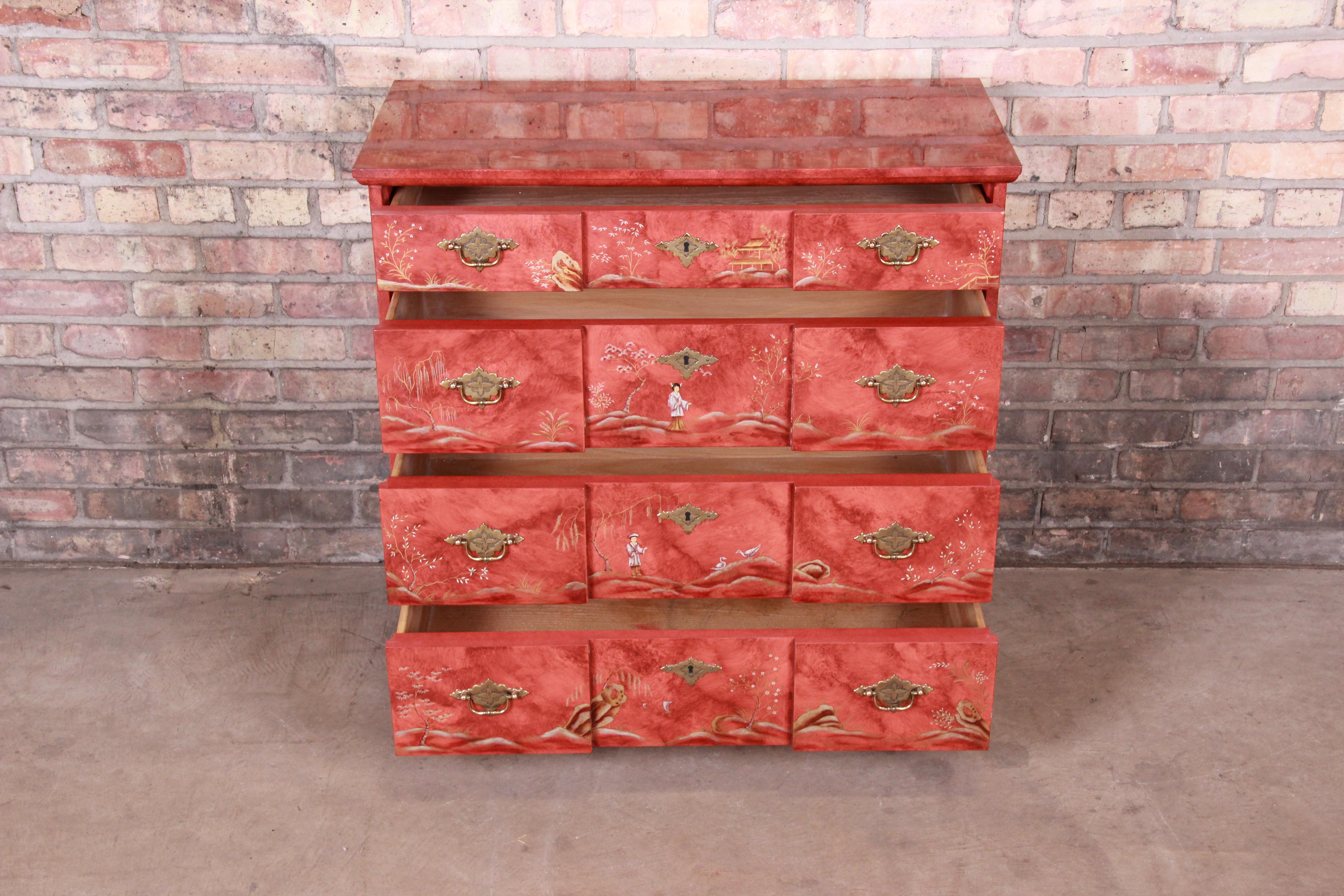 20th Century Baker Furniture Hollywood Regency Chinoiserie Red Lacquered Chest of Drawers