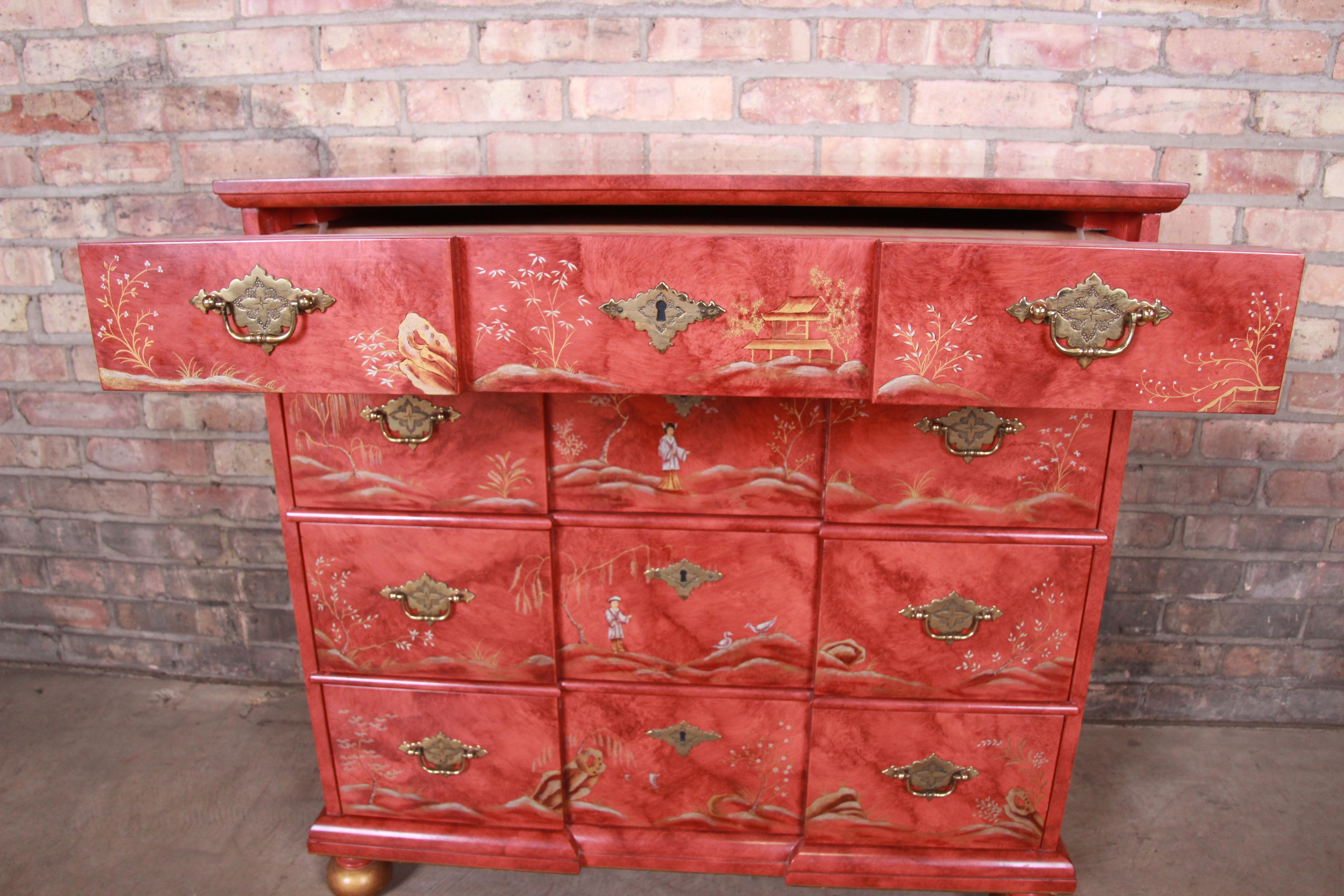 Brass Baker Furniture Hollywood Regency Chinoiserie Red Lacquered Chest of Drawers